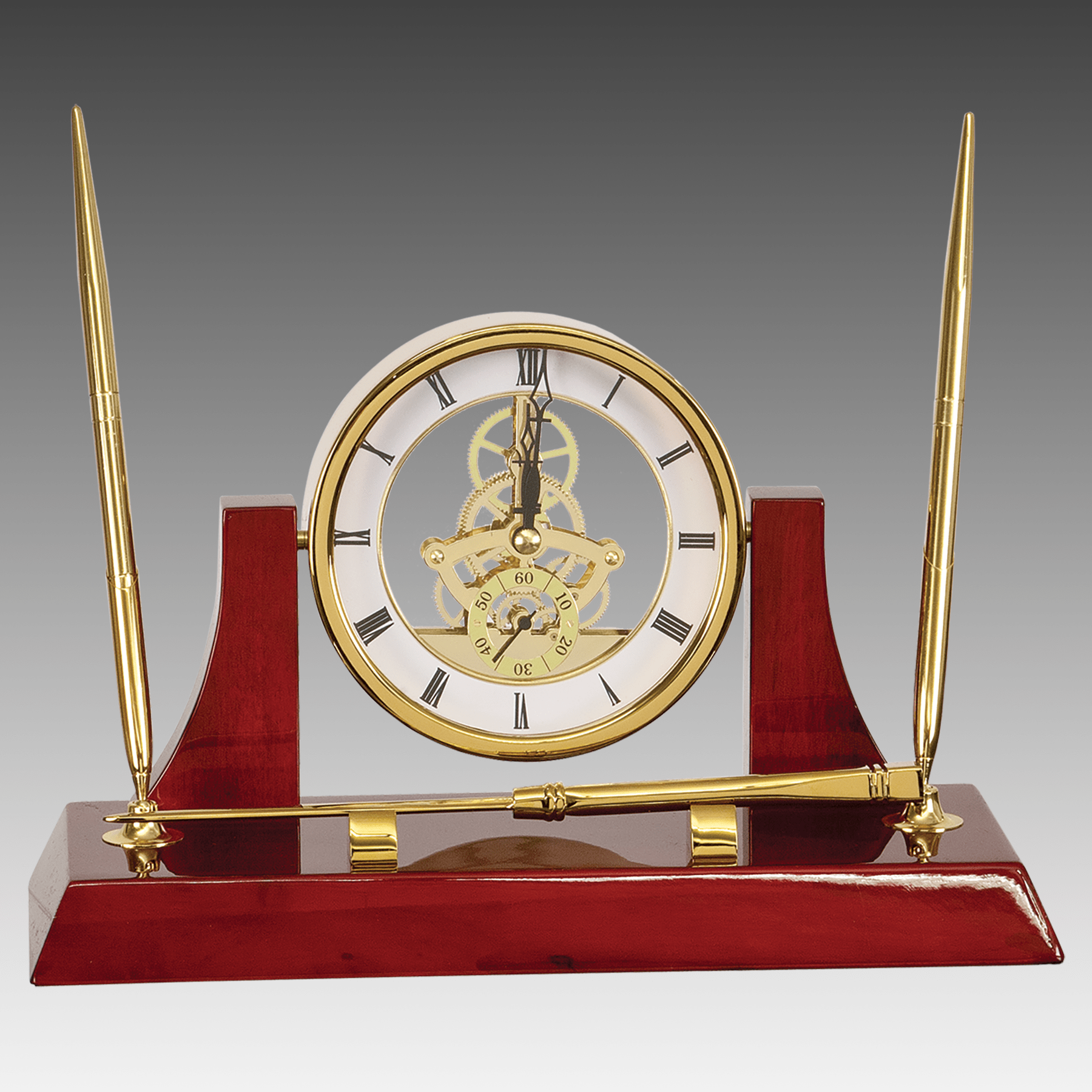 Gold/Rosewood Piano Finish Clock w/2 Pens/Letter Opener