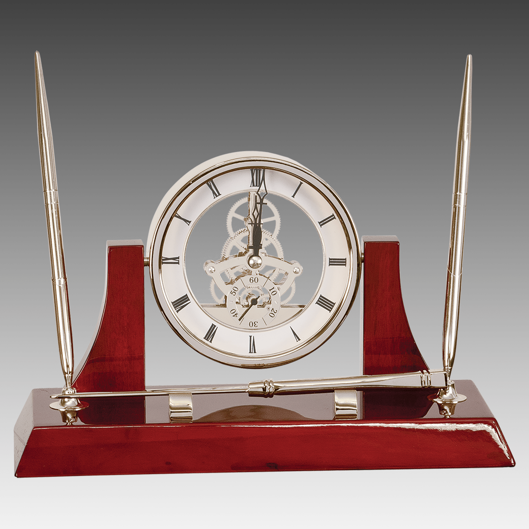 Executive Silver/Rosewood Piano Finish Clock w/2 Pens/Opener