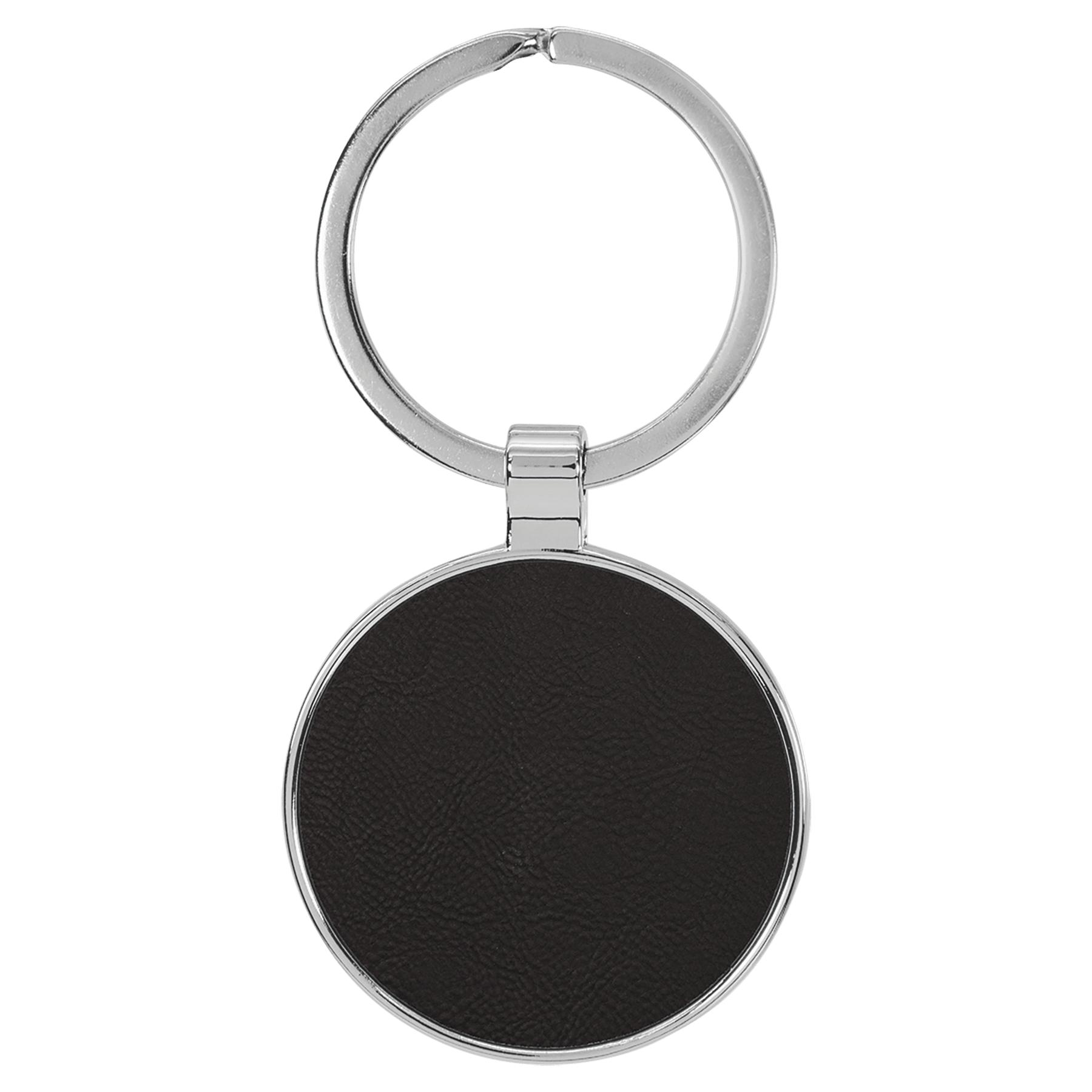 1.5" Leatherette/Metal Black/Silver Round Keychain