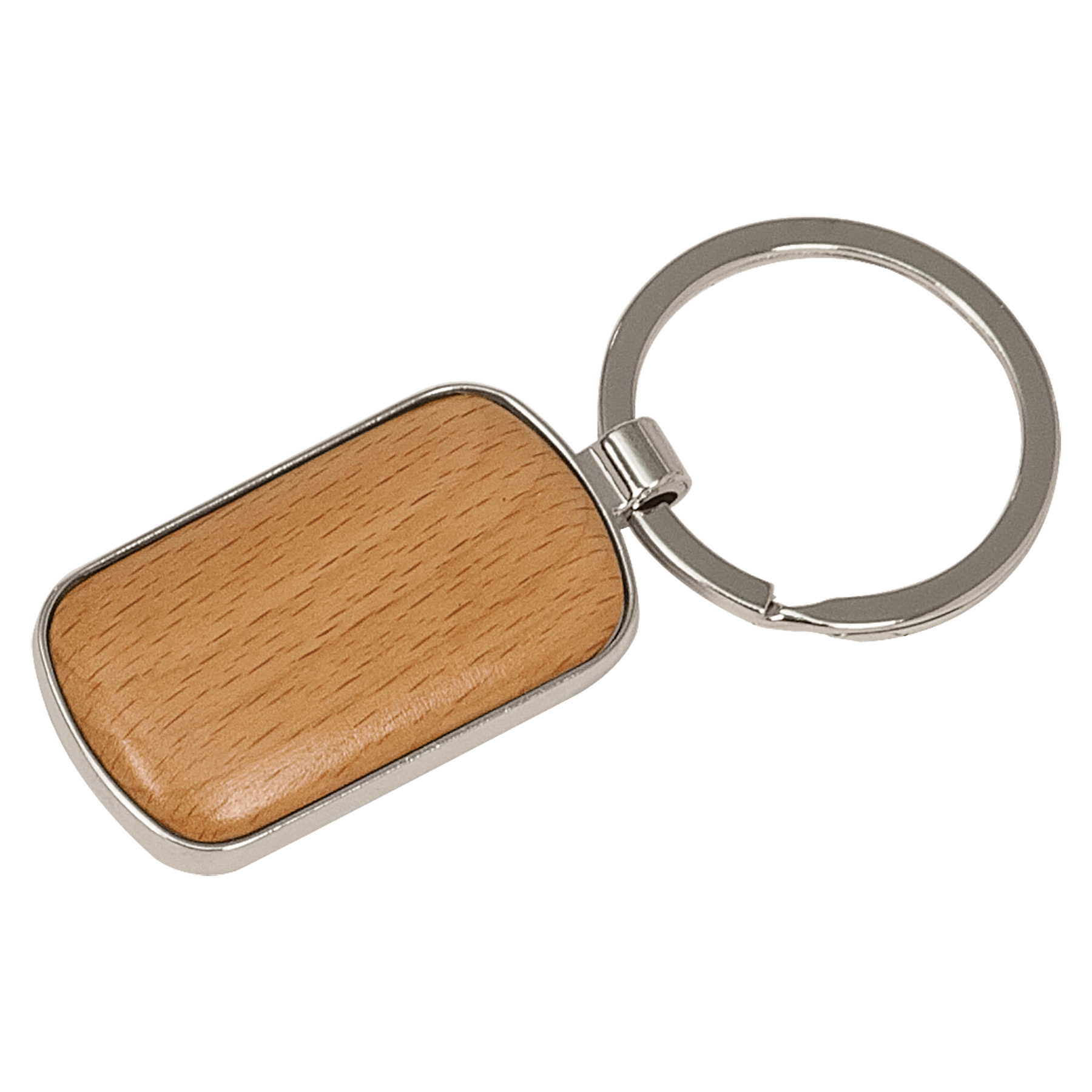 1" x 1.75" Silver/Wood Rounded Corner Rectangle Keychain