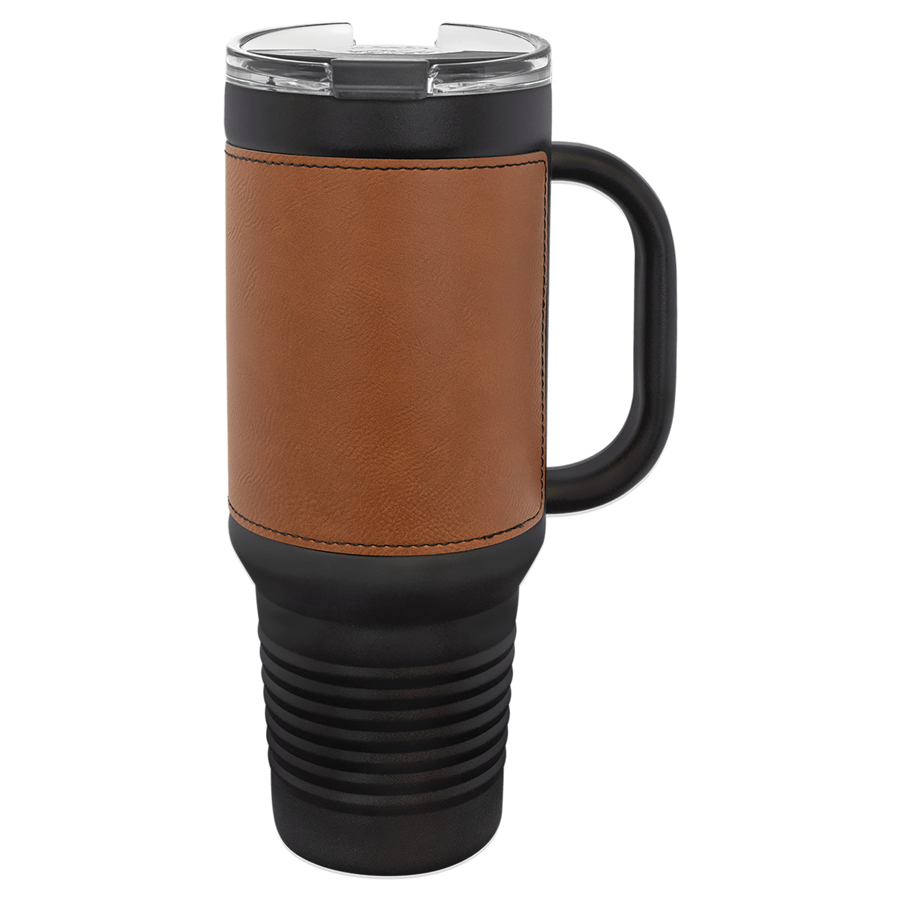 PC  40 oz. Black w/Rawhide Laserable Leatherette Travel Mug