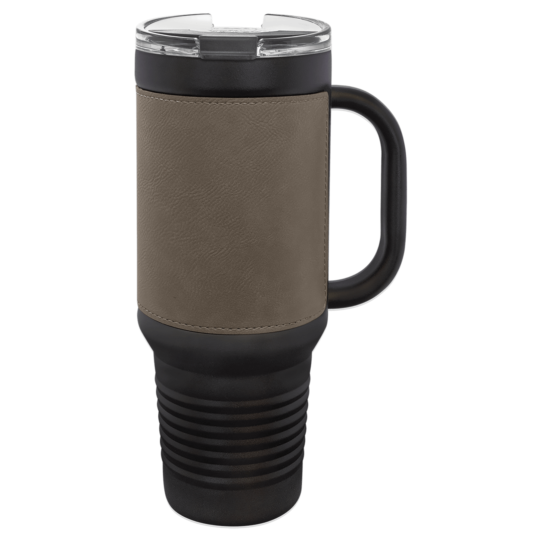 PC  40 oz. Black w/Gray Laserable Leatherette Travel Mug