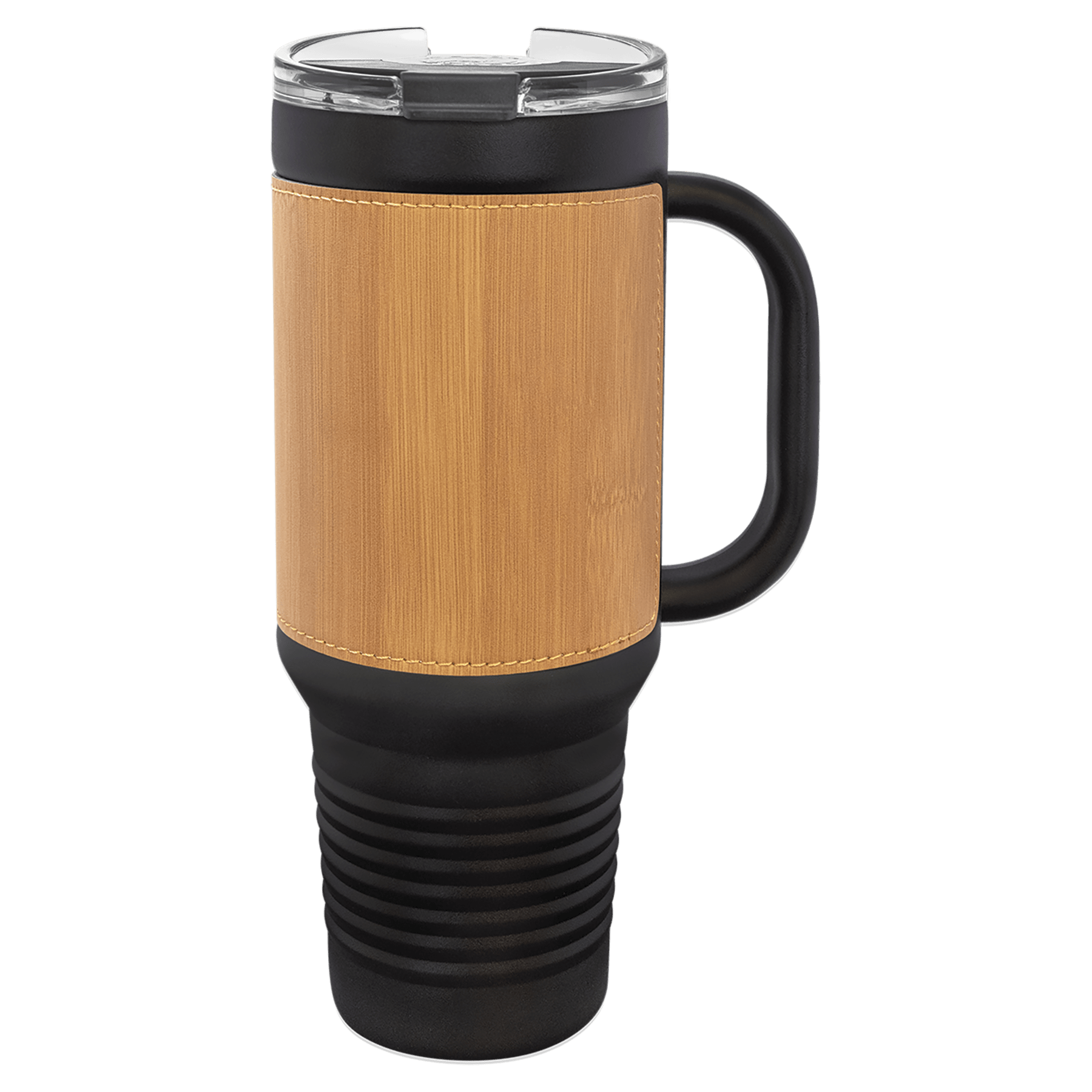 PC  40 oz. Black w/Bamboo Laserable Leatherette Travel Mug