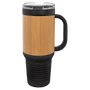 PC  40 oz. Black w/Bamboo Laserable Leatherette Travel Mug