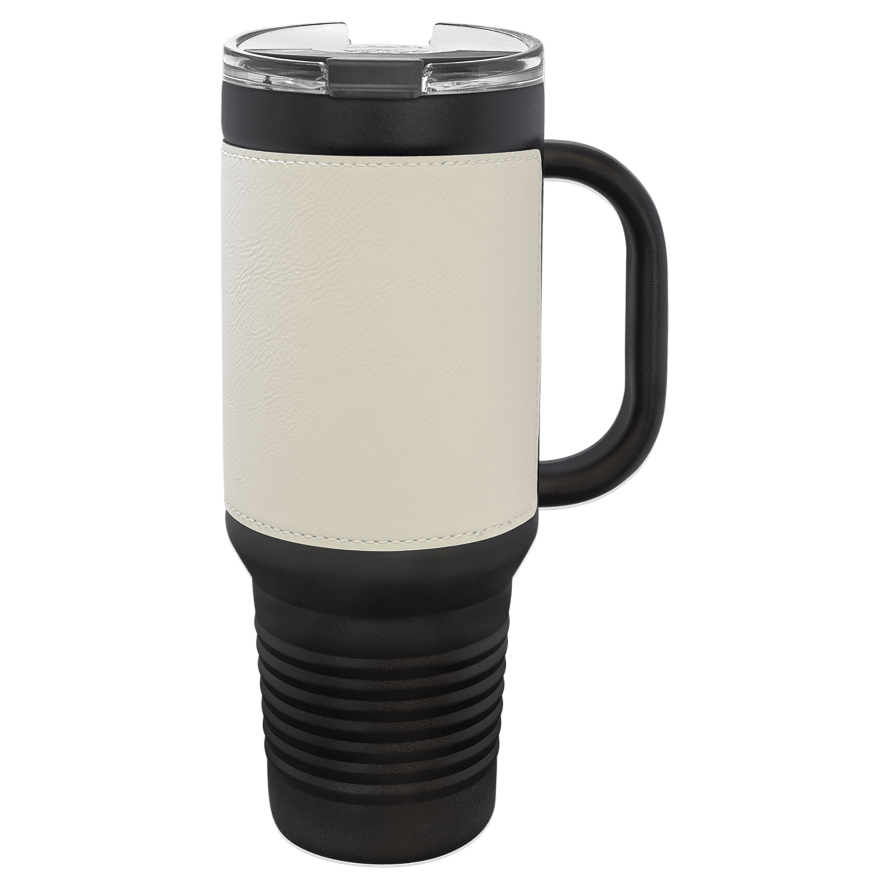 PC  40 oz. Black w/White Laserable Leatherette Travel Mug