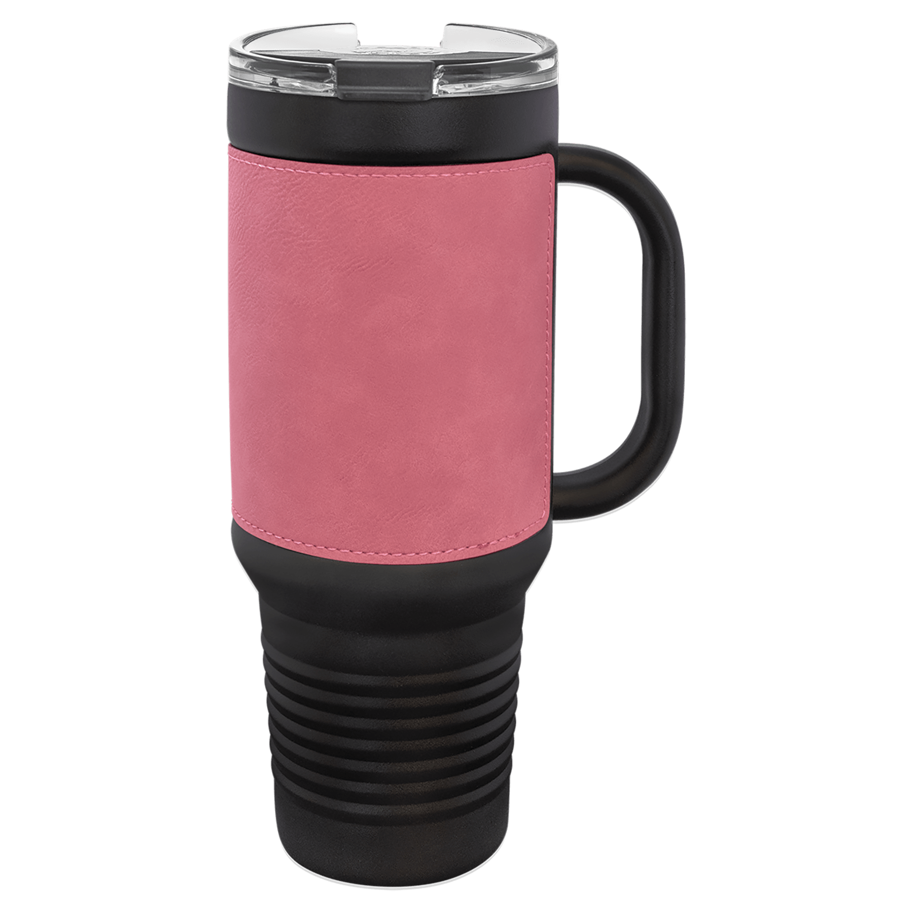 PC  40 oz. Black w/Pink Laserable Leatherette Travel Mug