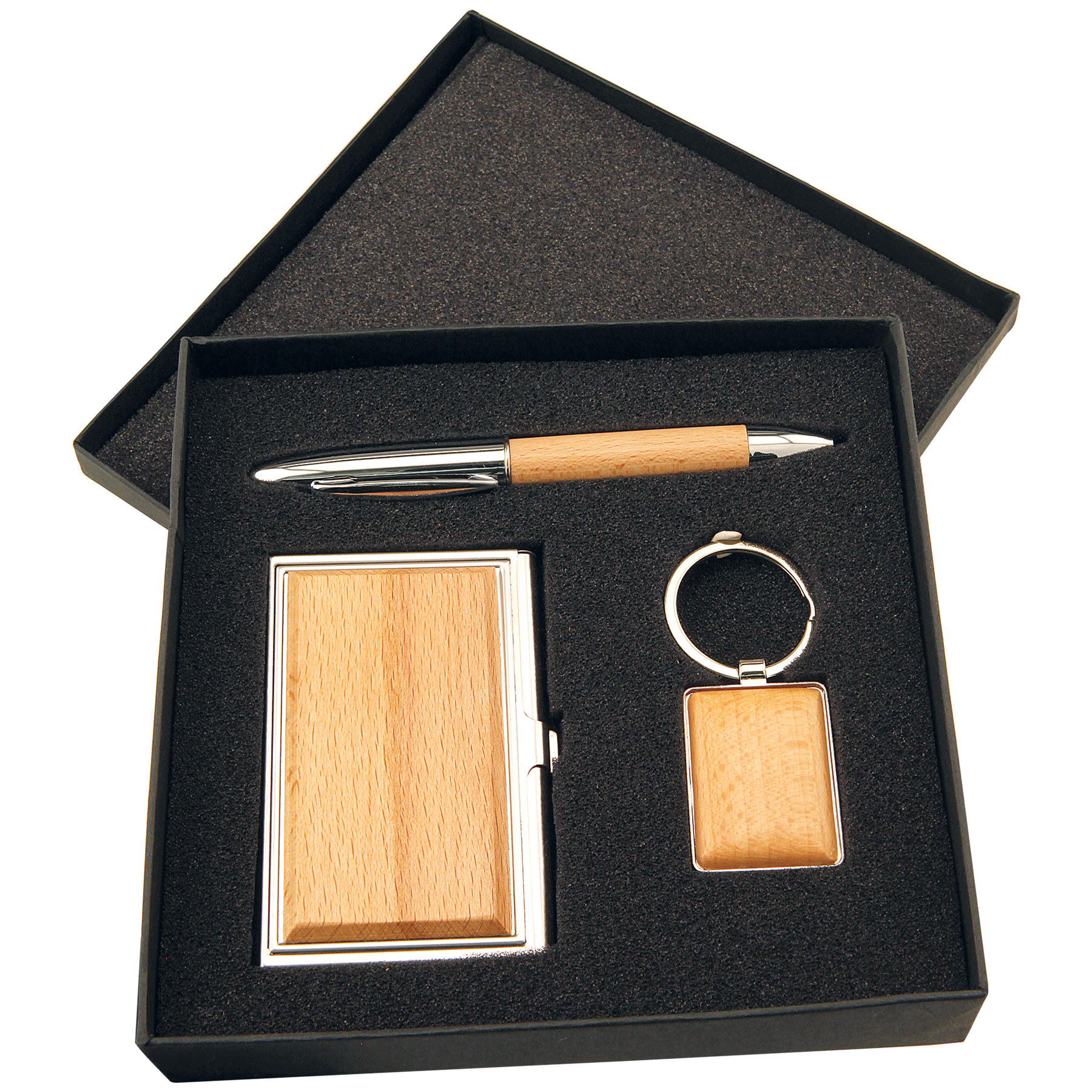 6.5"  x 6.5" - Beechwood Pen,Holder and Keychain with Silver