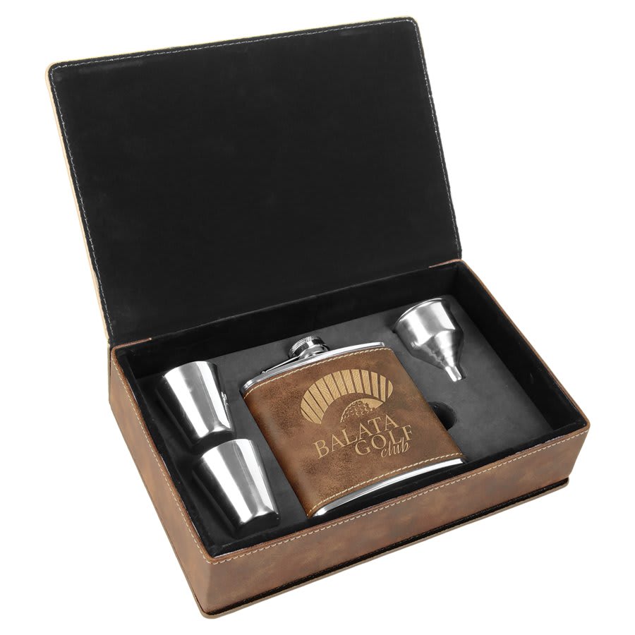 6 oz. Rustic/Gold Leatherette Flask Gift Set