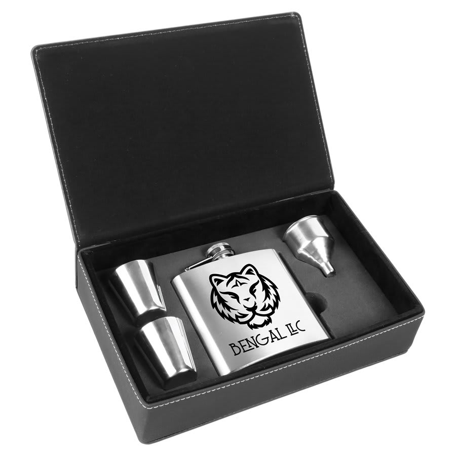 6 oz. Steel Flask Set in Black/Silver Leatherette Box