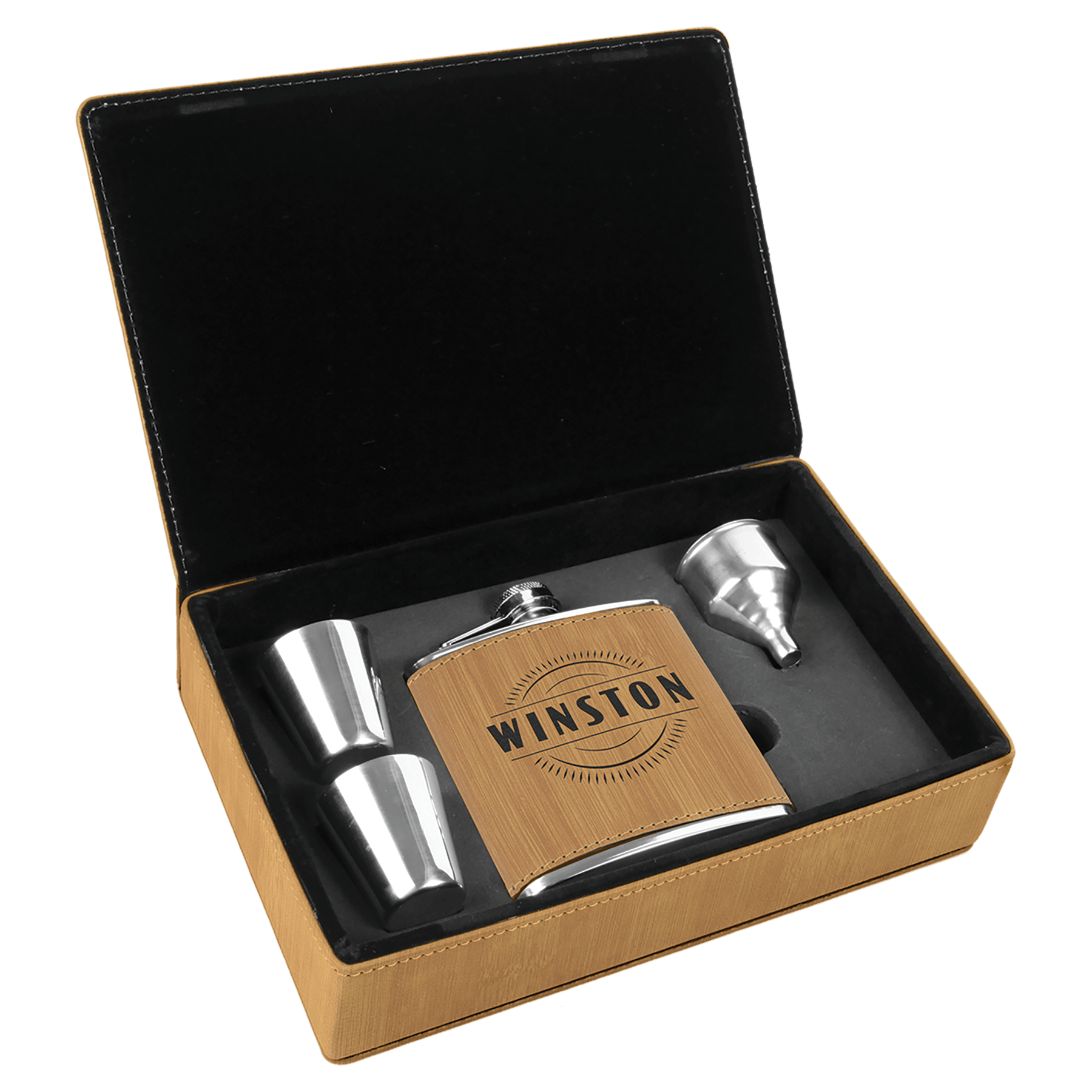 6 oz. Bamboo Leatherette Flask Gift Set