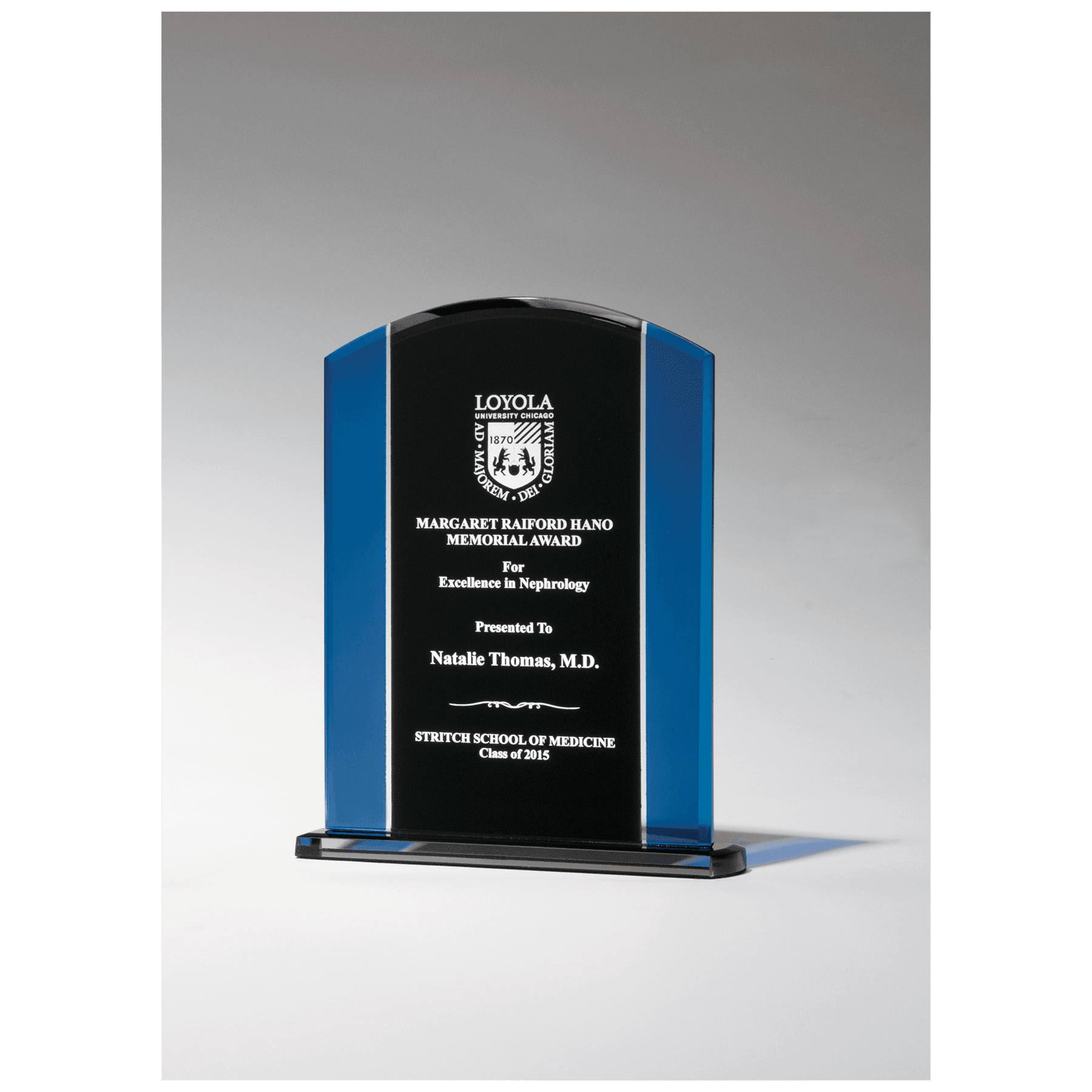 Clear Glass w/Blue/Black Background Upright and Black Base