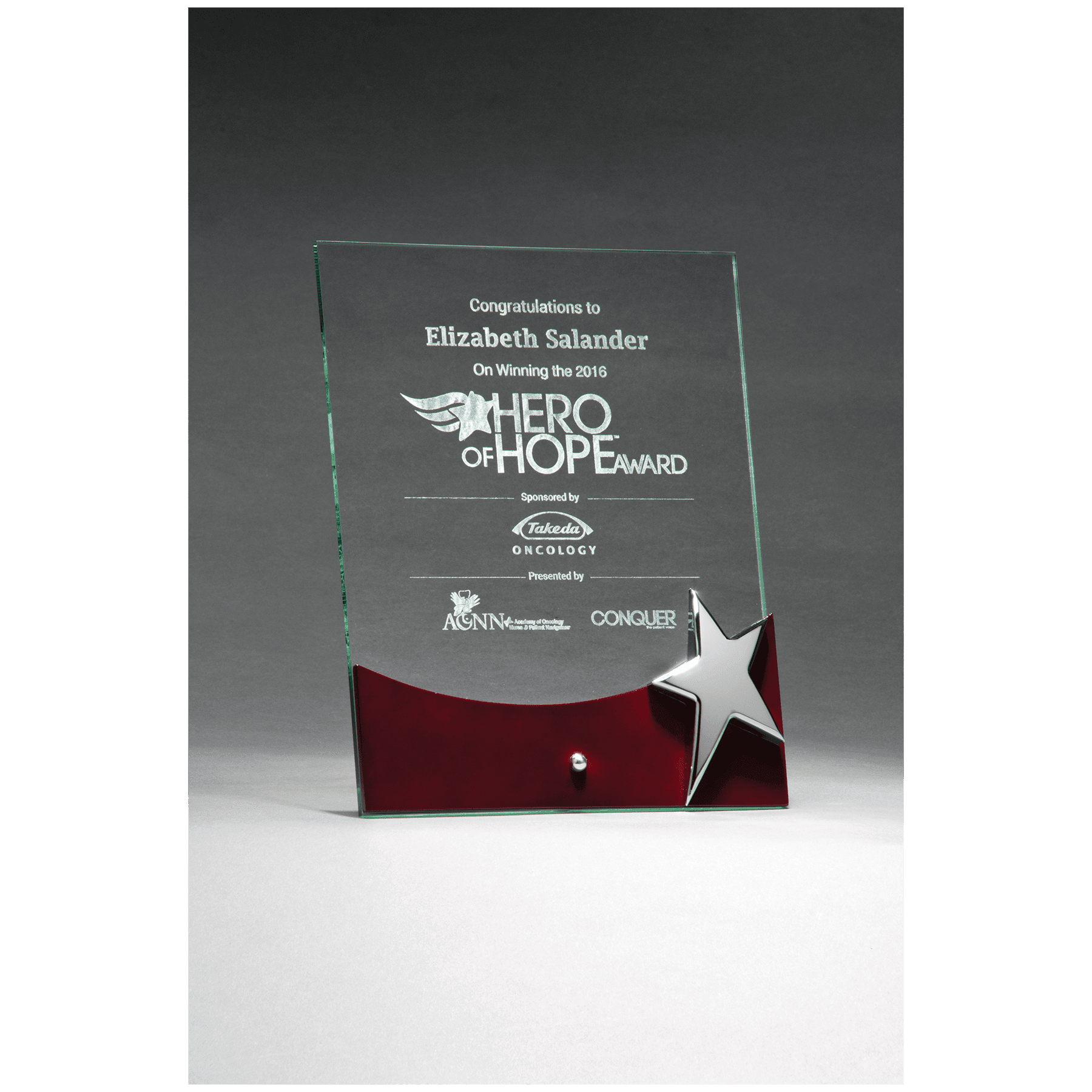 Freestanding Glass Award w/Rosewood Accent and Silver Star