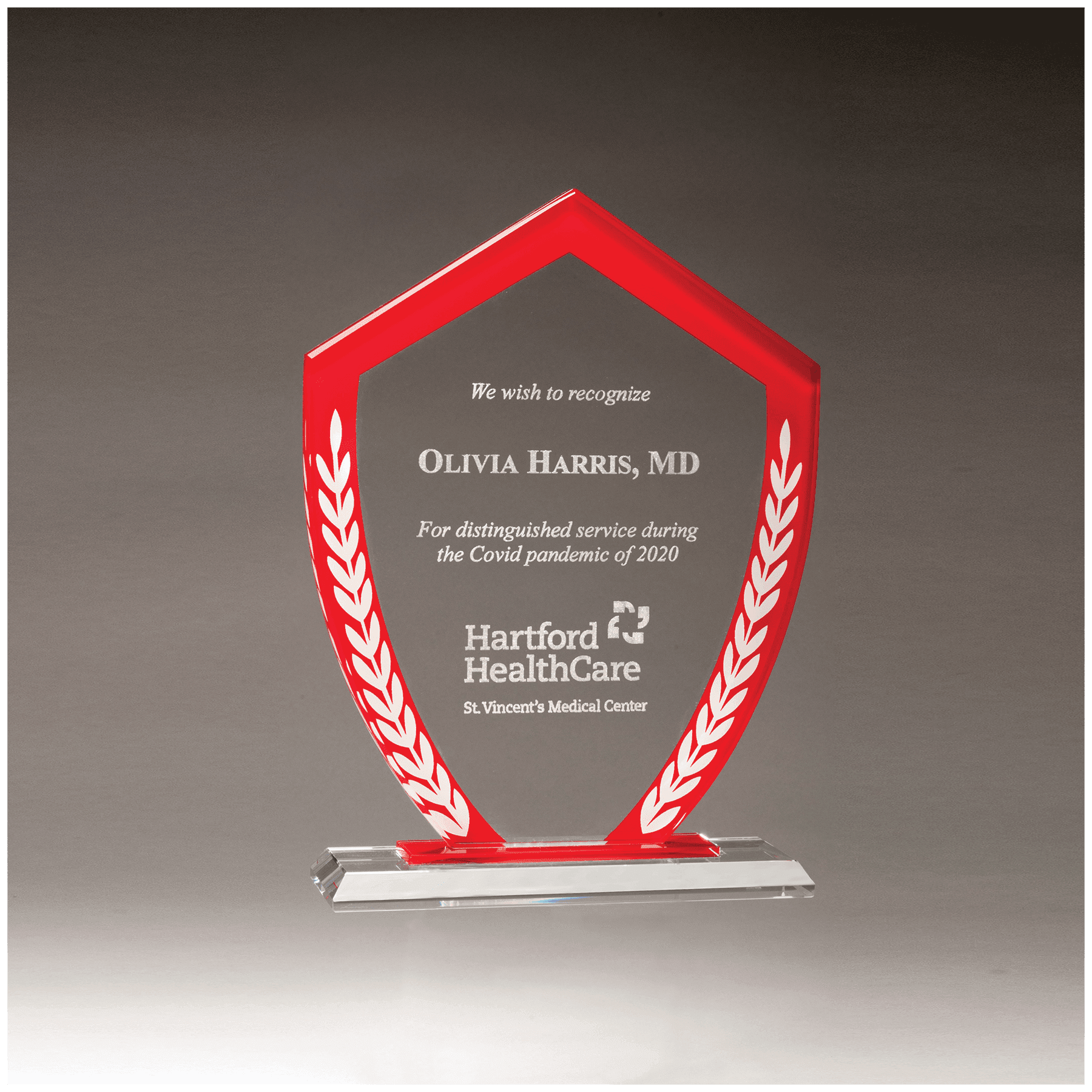 7.25" x 9.6" Shield Glass Award w/Red Border & White Leaves
