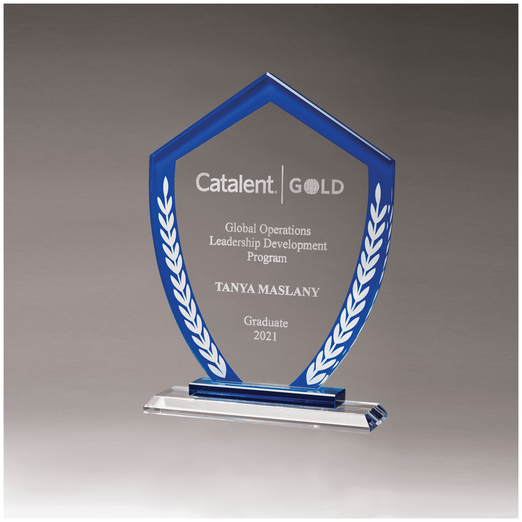 Shield Glass Award w/Blue Border and White Laurel Leaves