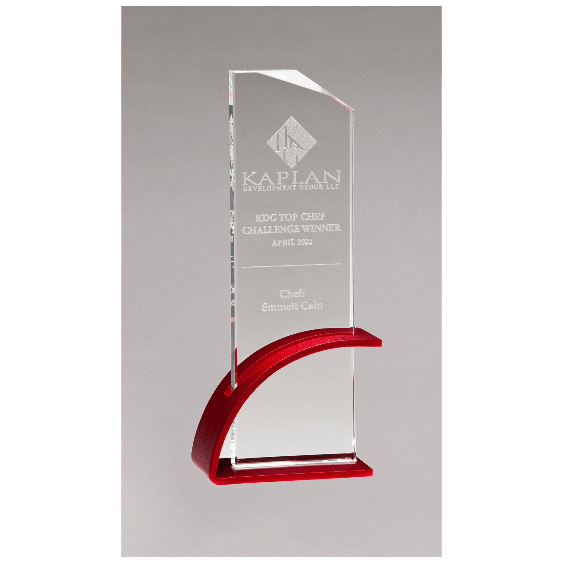 3.9" x 8.5" x.5" Thick Red Clear Glass Award