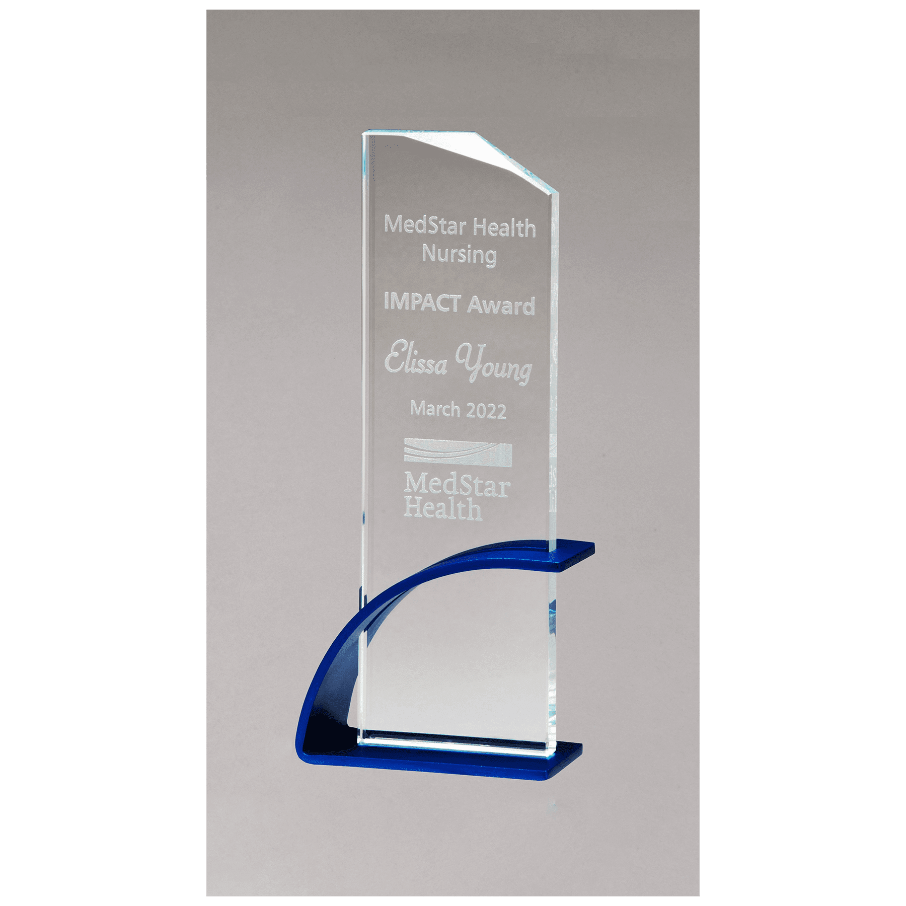 3.9" x 10.1" x.5" Thick Blue Clear Glass Award