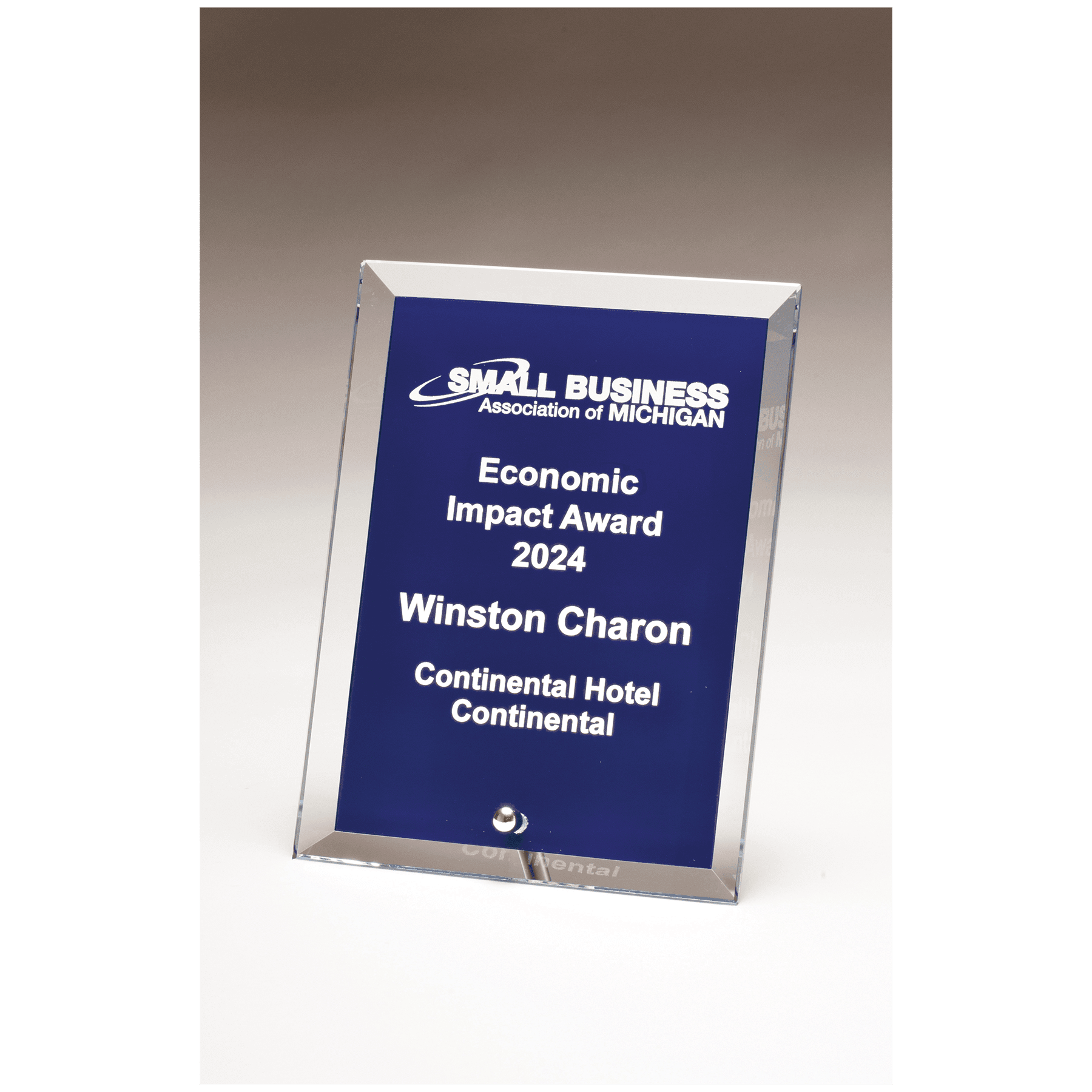 Clear Glass Plaque w/Painted Blue Background, Silver Post