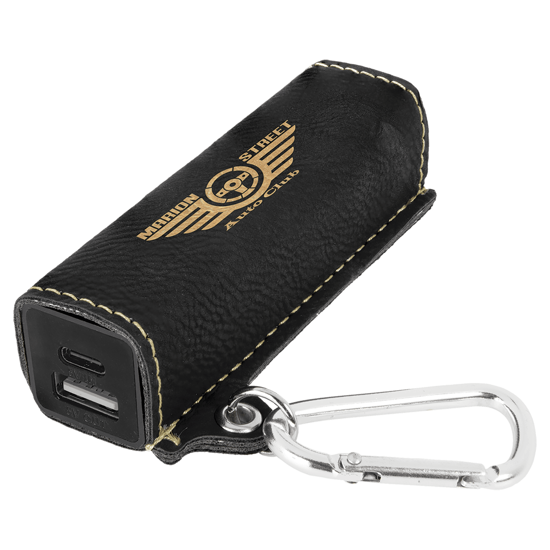 Black/Gold Leatherette 2200 mAh Power Bank with USB-C Cord