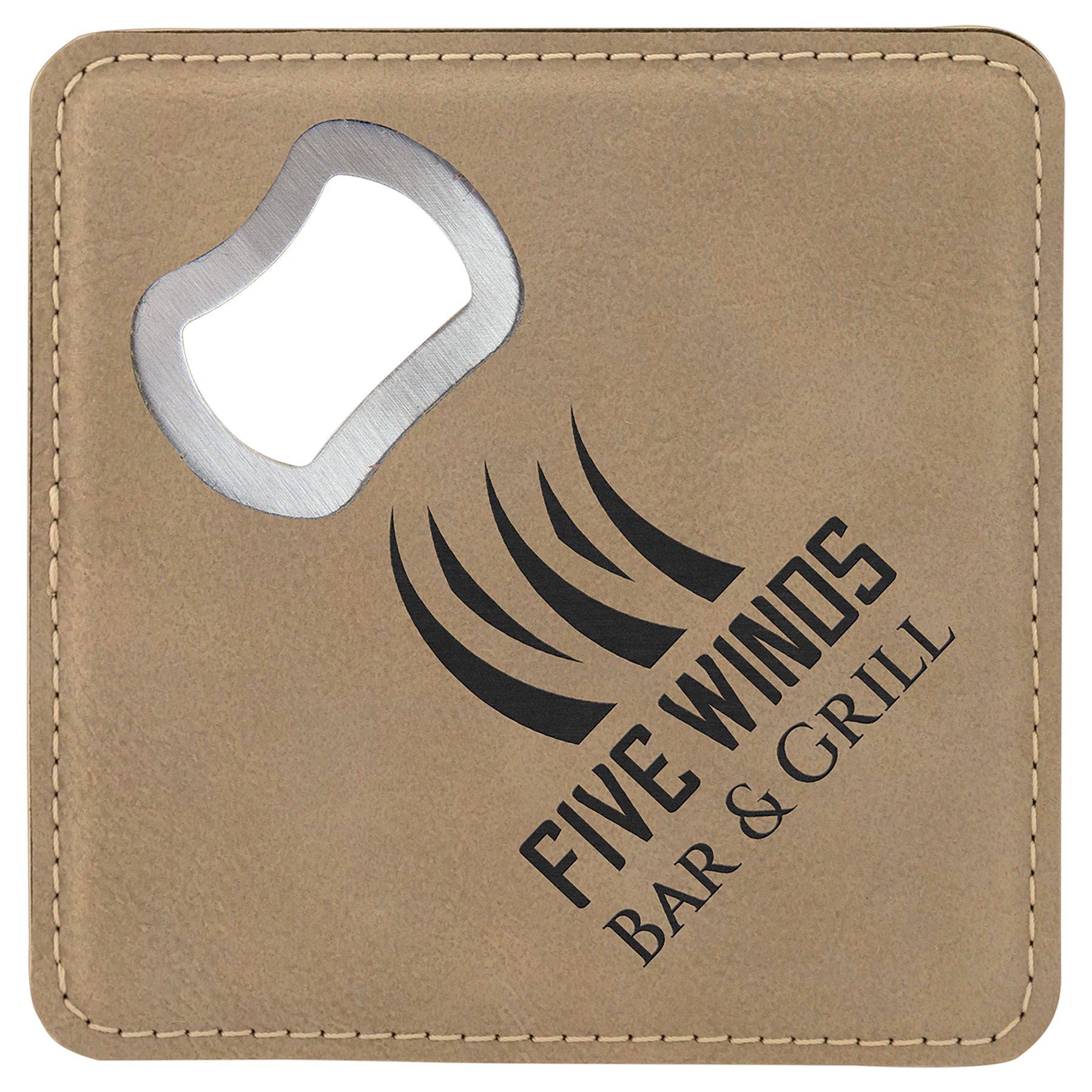 4" x 4" Square Light Brown Leatherette Bottle Opener Coaster