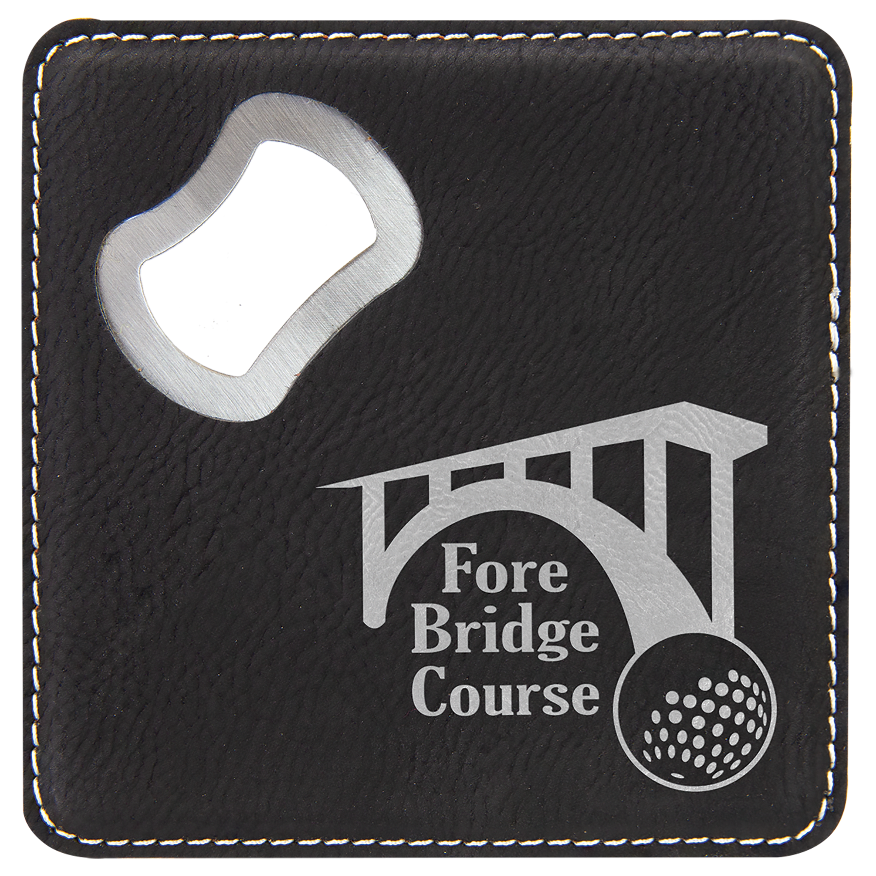4" x 4" Square Black Leatherette Coaster w/Bottle Opener