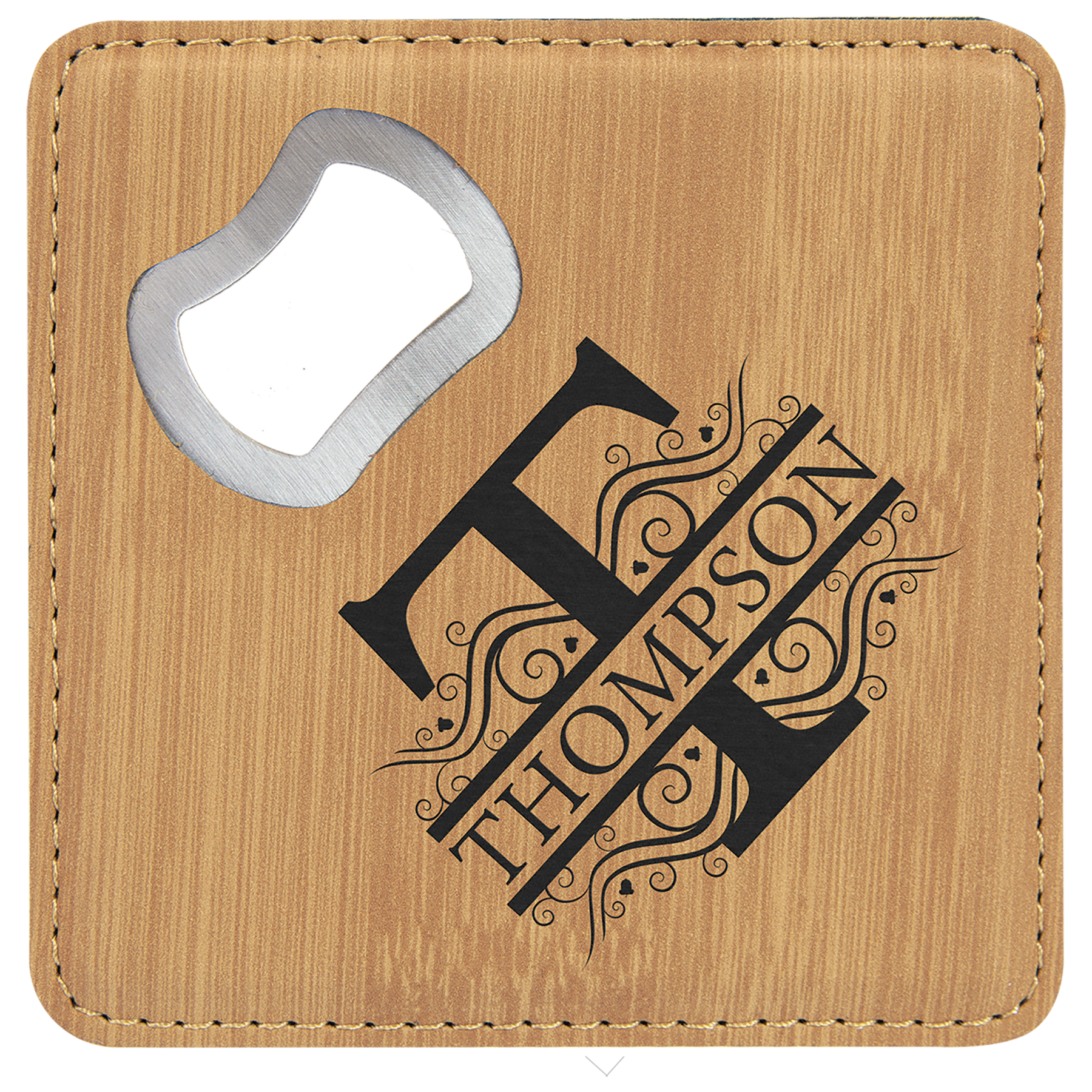 4" x 4" Square Bamboo Leatherette Coaster with Bottle Opener