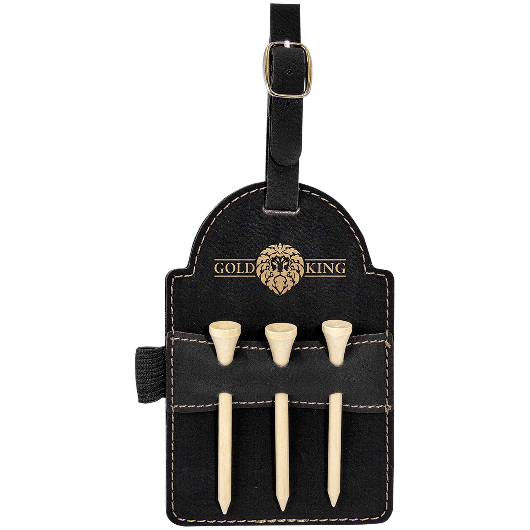 Black/Gold  Leatherette Golf Bag Tag with 3 Wooden Tees