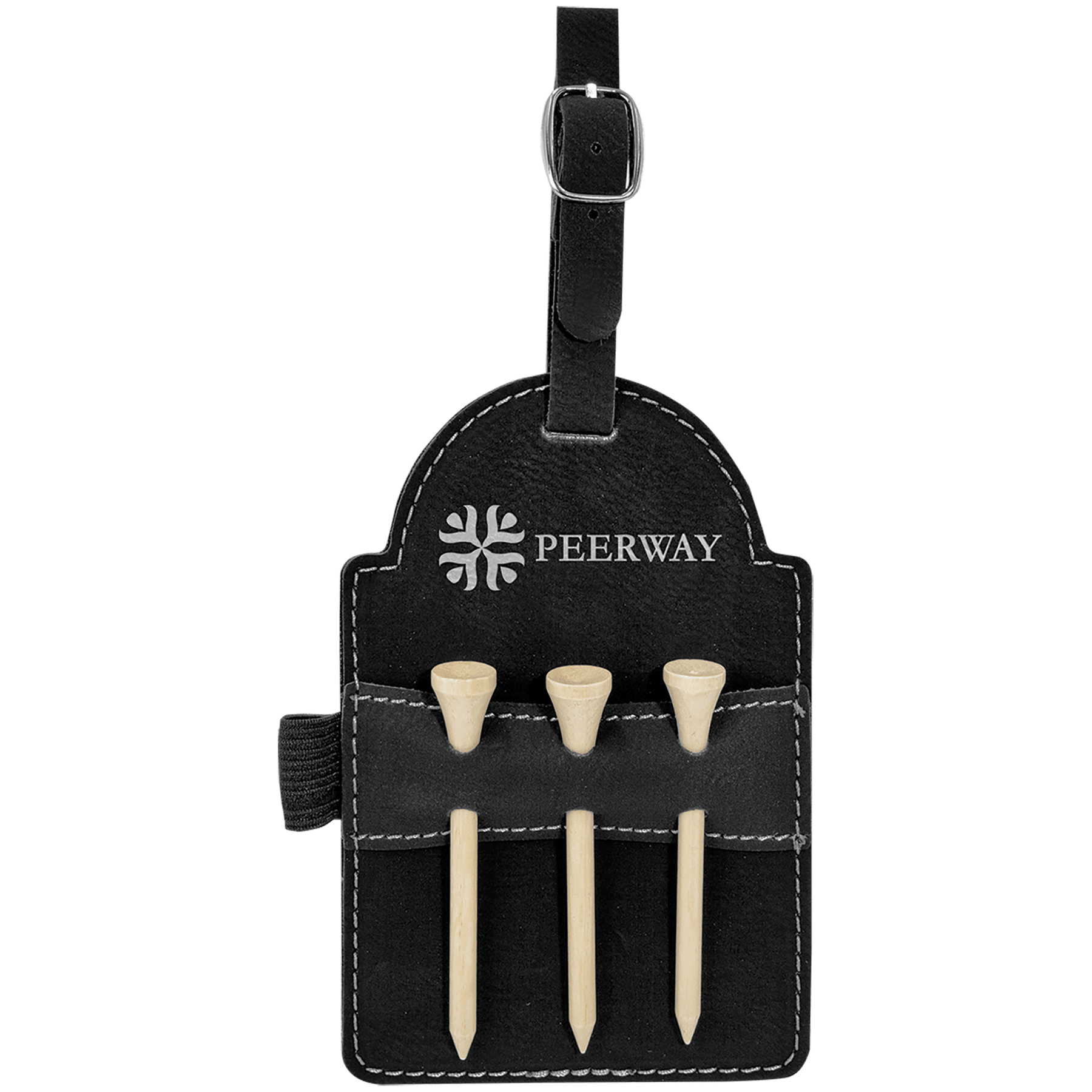 Black/Silver Leatherette Golf Bag Tag with 3 Wooden Tees