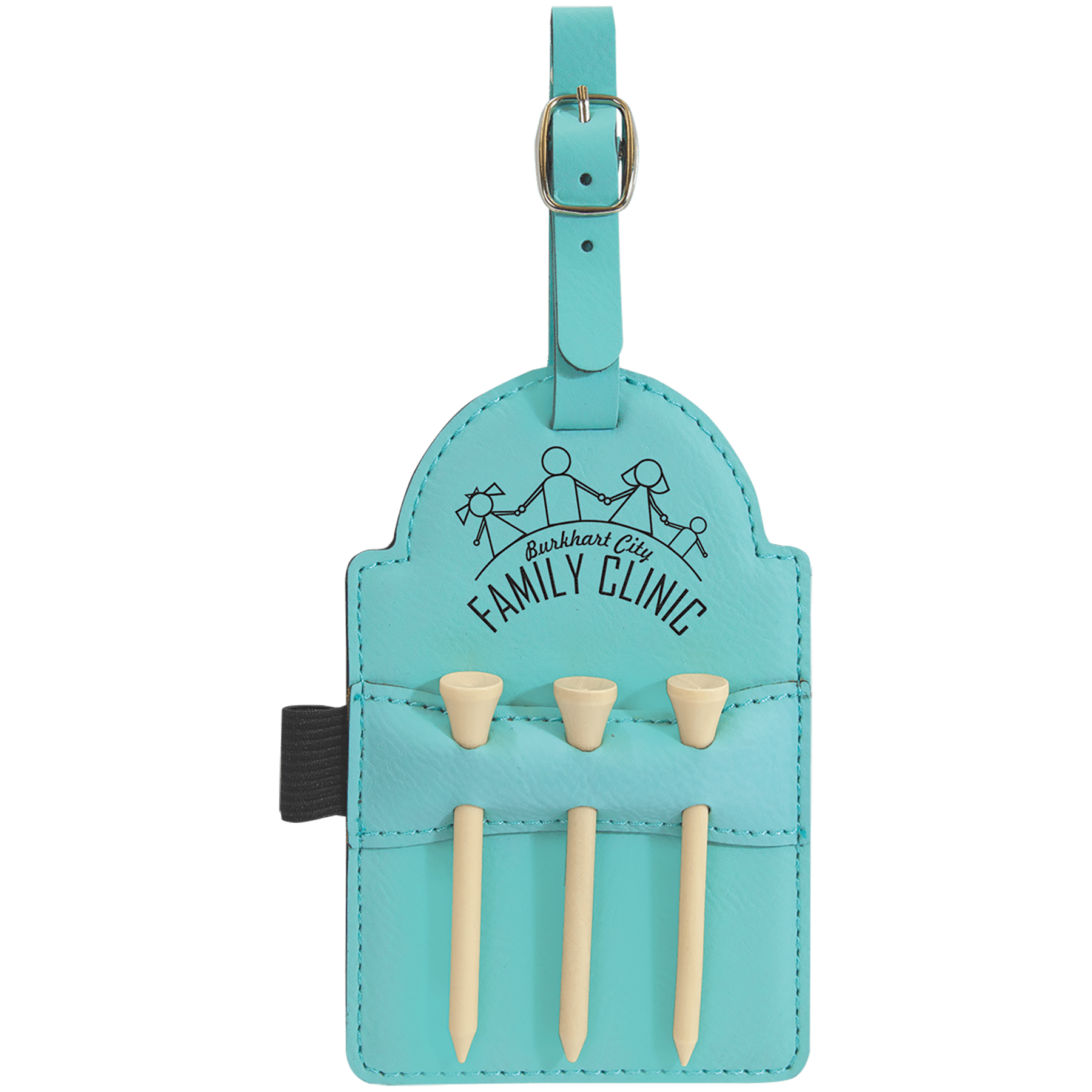 5" x 3.25" Teal Leatherette Golf Bag Tag with 3 Wooden Tees