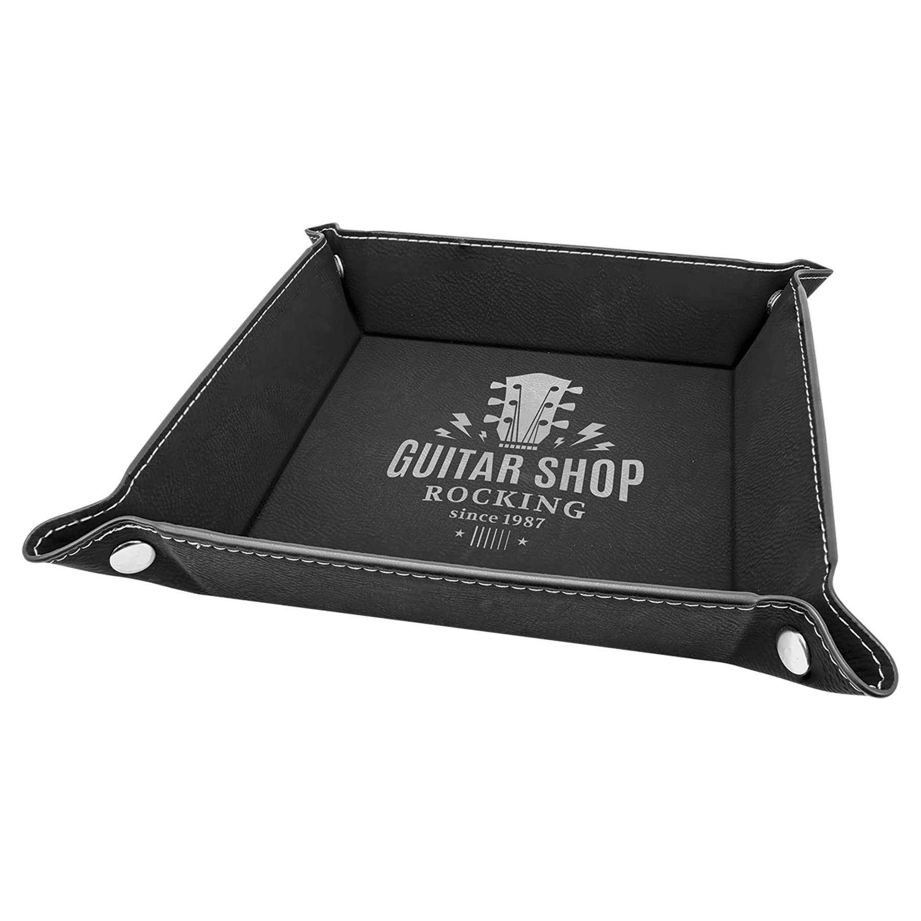 6" x 6" Black/Silver Leatherette Snap Up Tray w/Silver Snaps