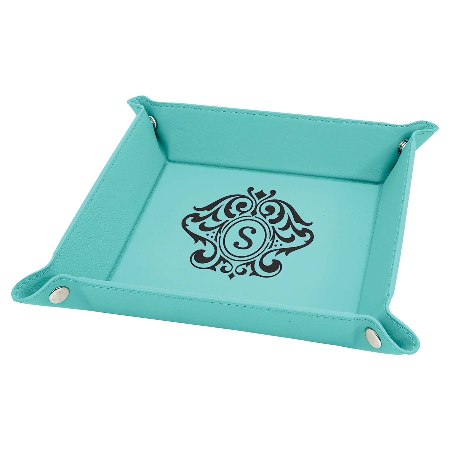 6" x 6" Teal Leatherette Snap Up Tray with Silver Snaps
