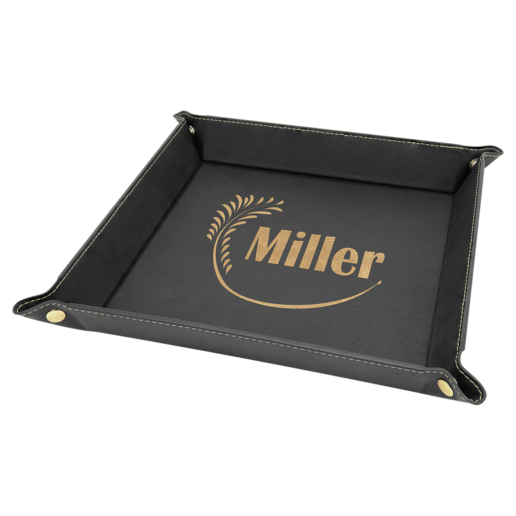 9" x 9" Black/Gold Leatherette Snap Up Tray with Gold Snaps