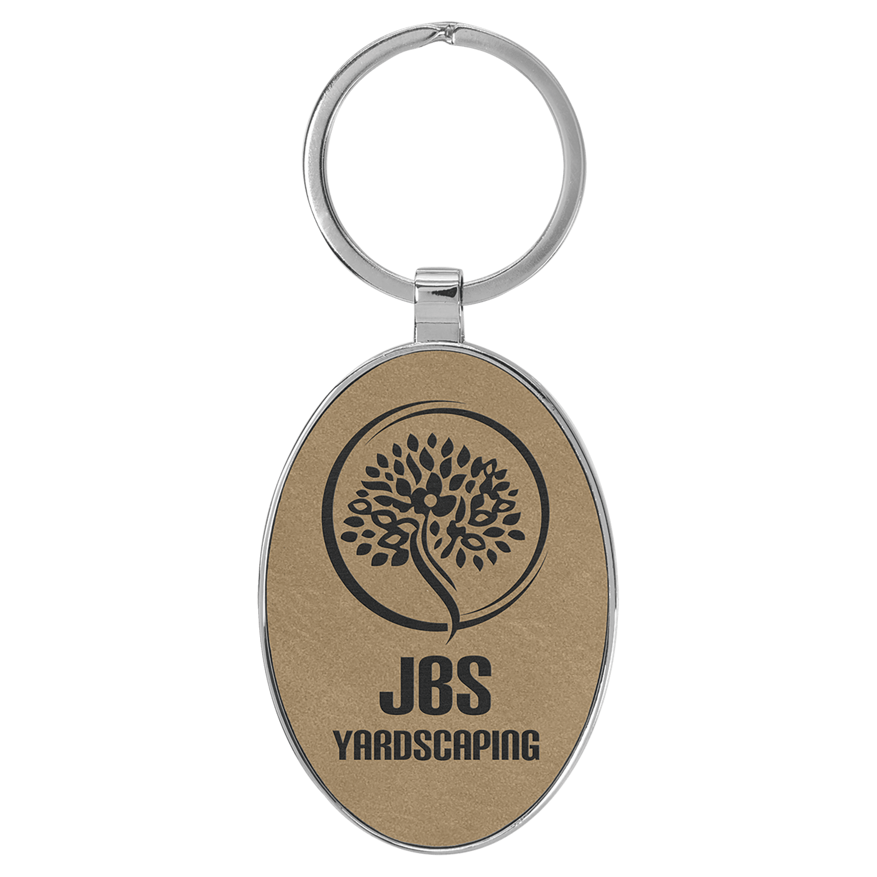 3" x 1.75" Leatherette/Metal Light Brown Oval Keychain