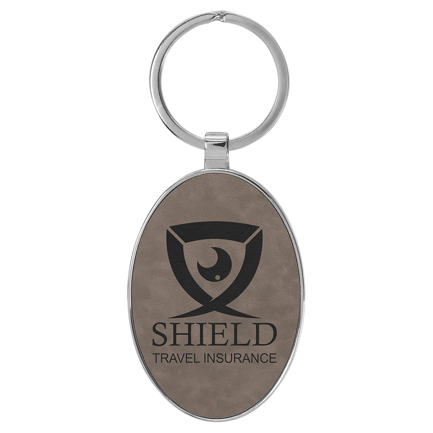 3" x 1.75" Leatherette/Metal Gray Oval Keychain