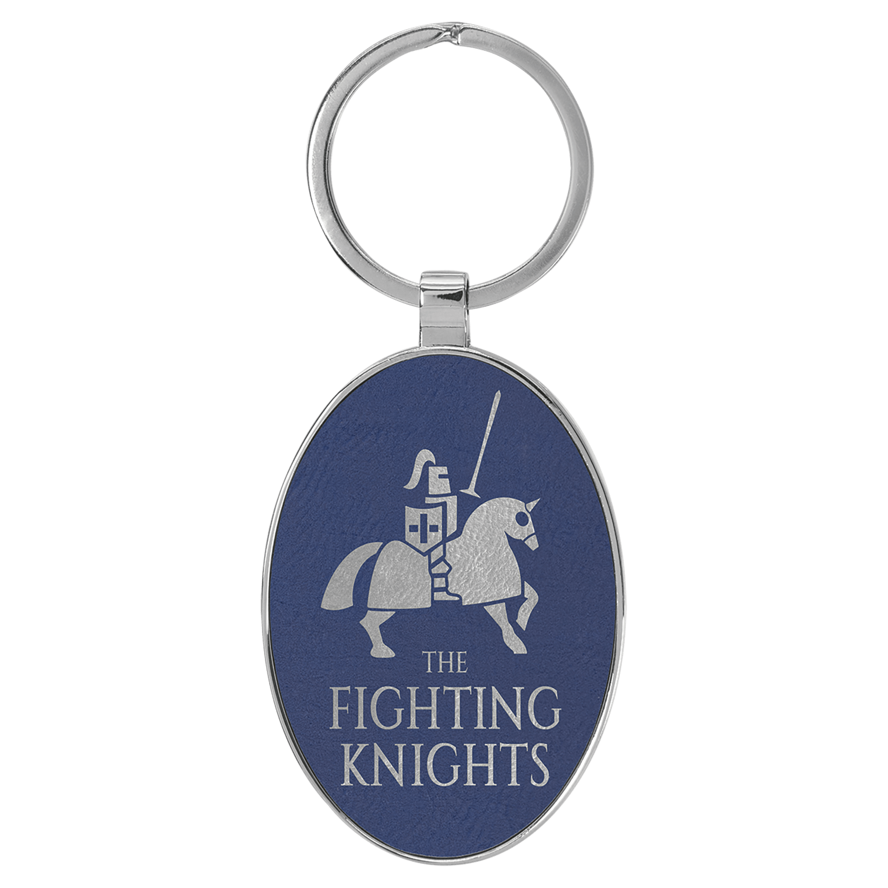 3" x 1.75" Leatherette/Metal Blue/Silver Oval Keychain