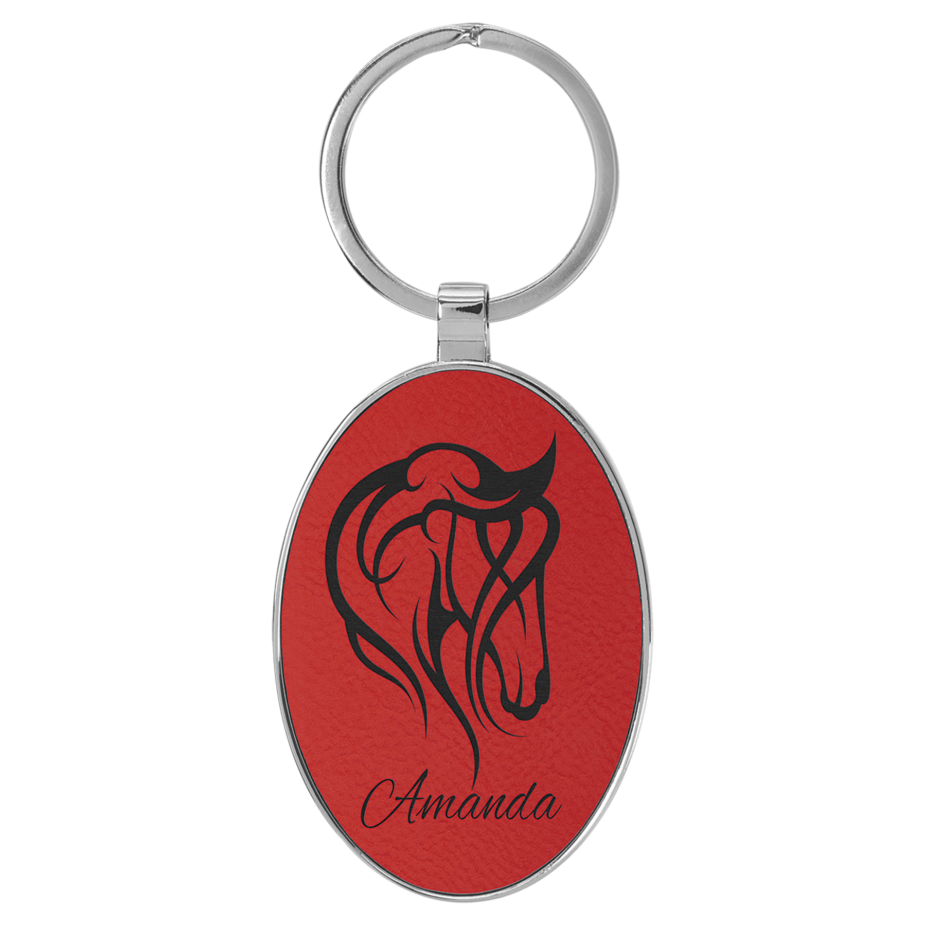 3" x 1.75" Leatherette/Metal Red Oval Keychain