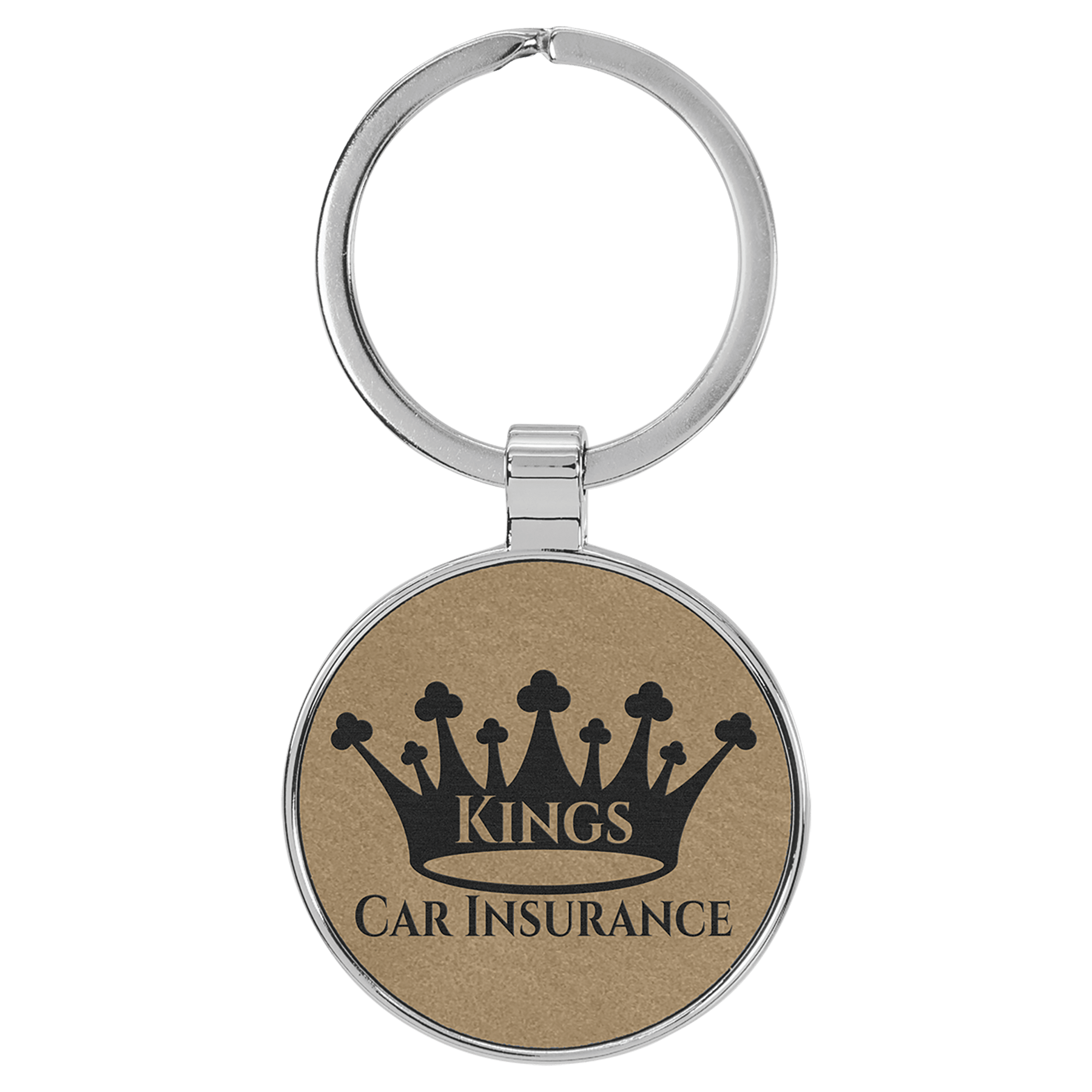 1.5" Leatherette/Metal Light Brown Round Keychain