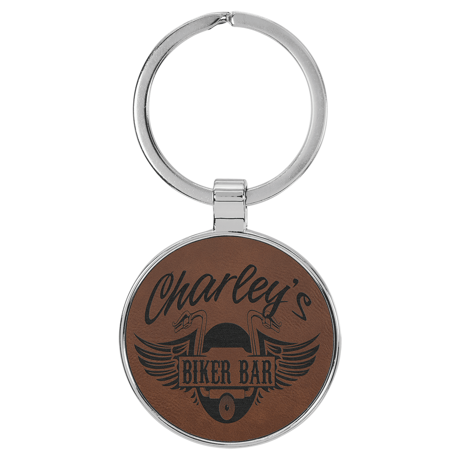 1.5" Leatherette/Metal Dark Brown Round Keychain