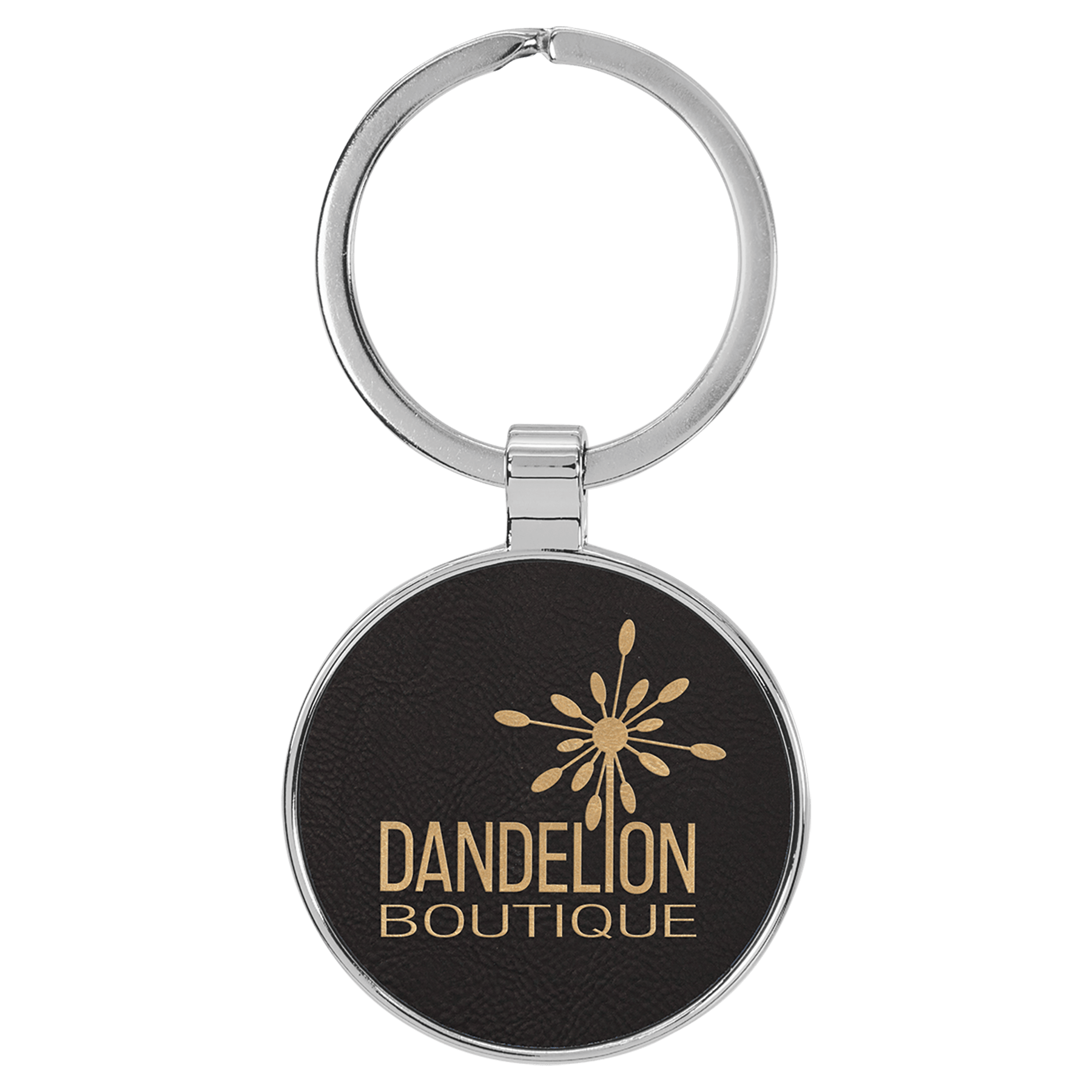 1.5" Leatherette/Metal Black/Gold Round Keychain