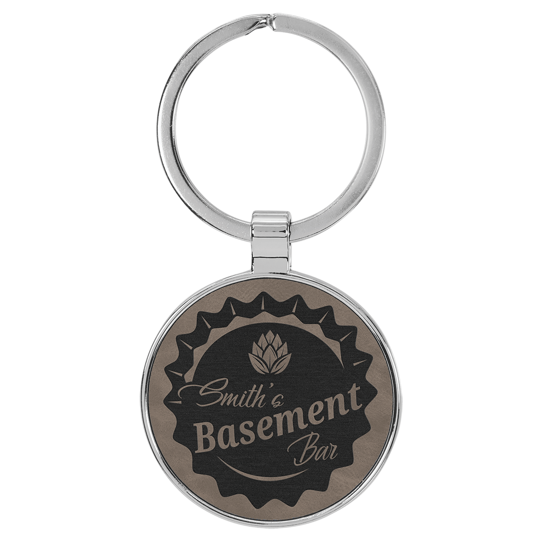 1.5" Leatherette/Metal Gray Round Keychain