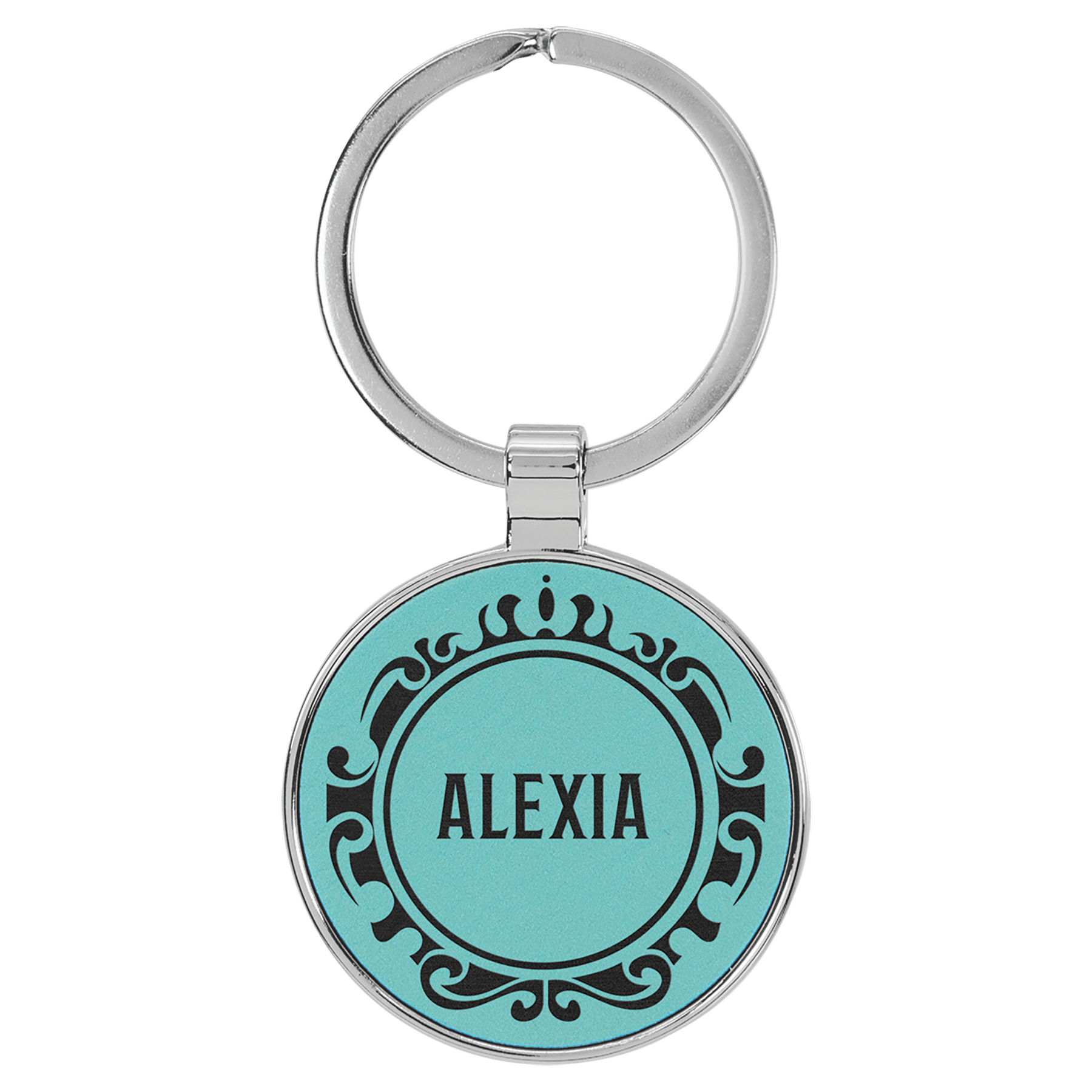 1.5" Leatherette/Metal Teal Round Keychain