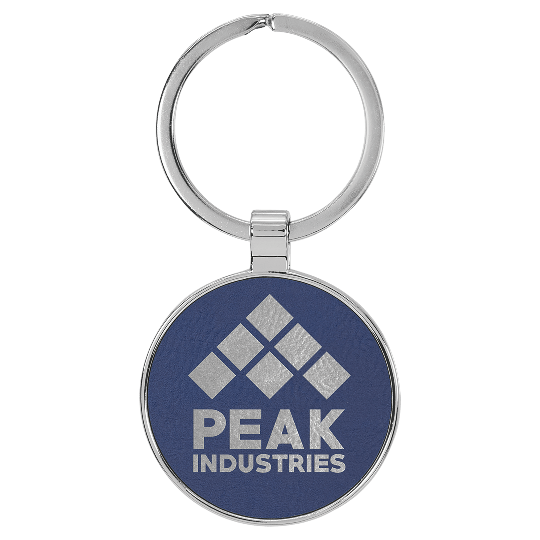 1.5" Leatherette/Metal Blue/Silver Round Keychain
