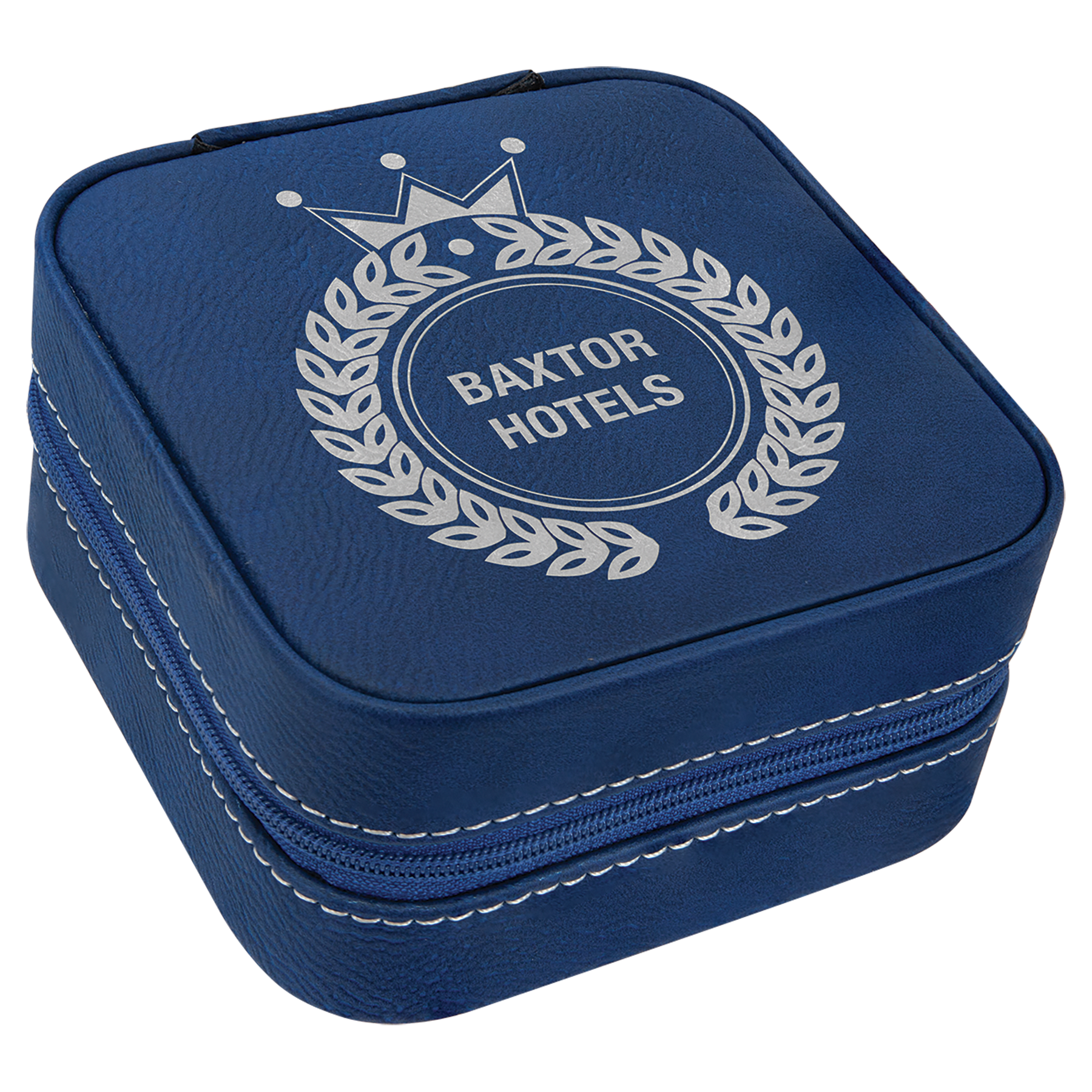 Blue/Silver Leatherette Travel Jewelry Box with Tan Lining