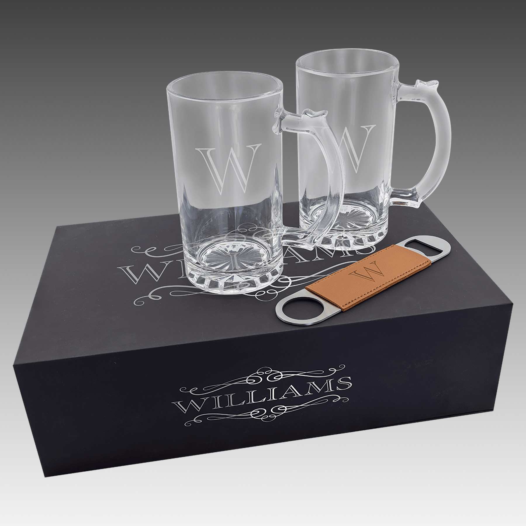 LazerBurst Beer Set w/2 14 oz. Mugs and 1 Rawhide Opener