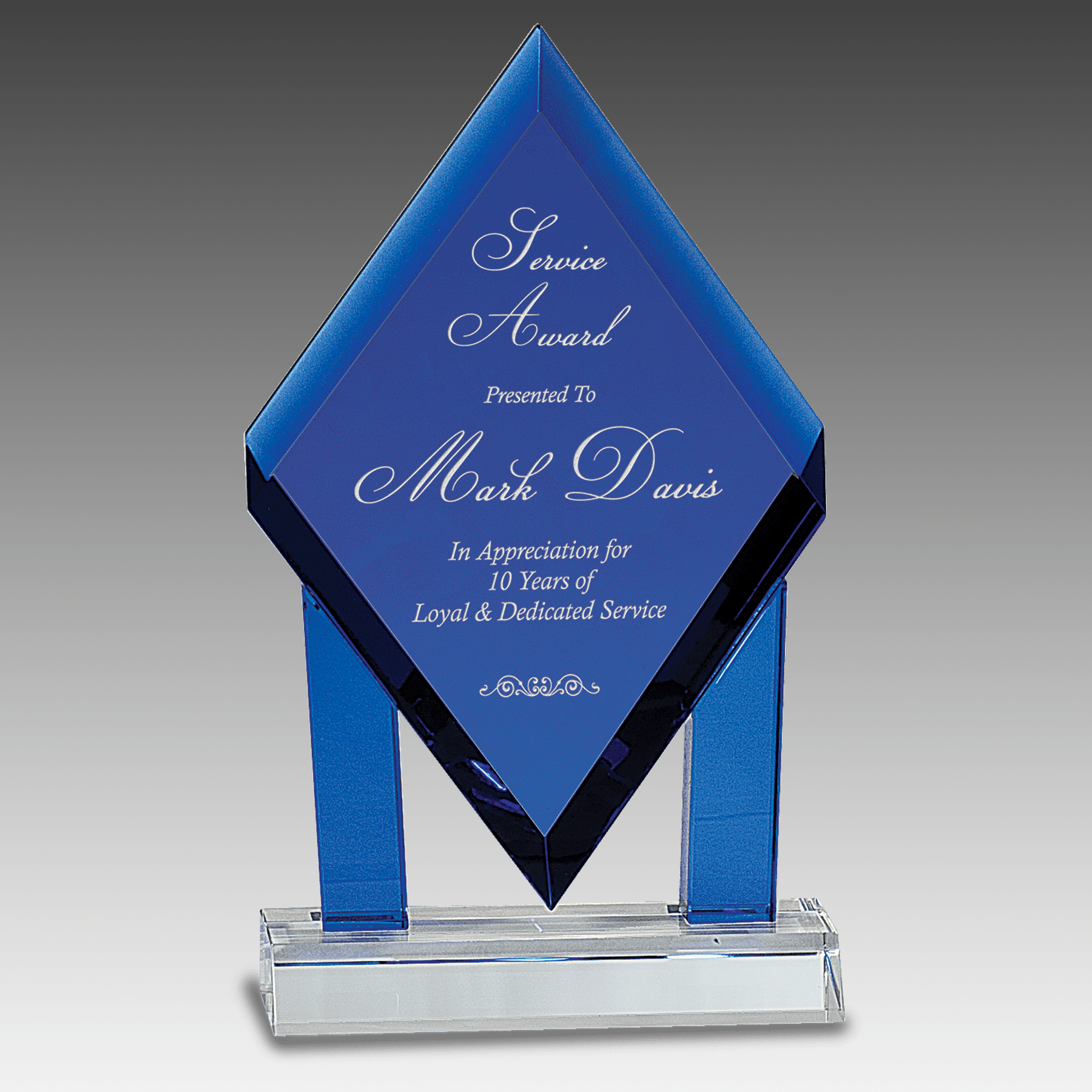 8.75" Blue Crystal Floating Diamond w/Blue Columns on Base