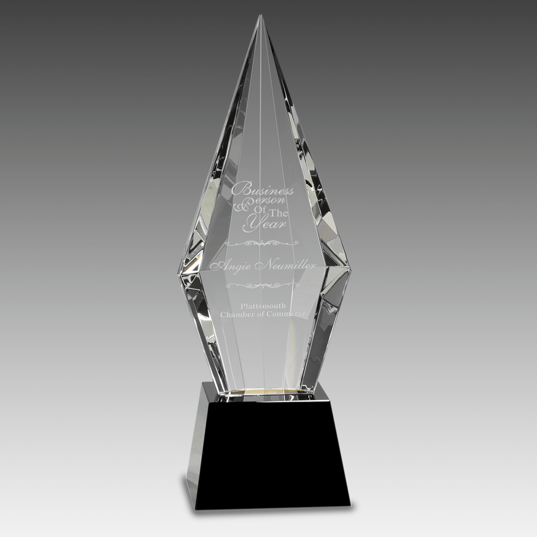 11" Obelisk Facet Crystal on Black Pedestal Base