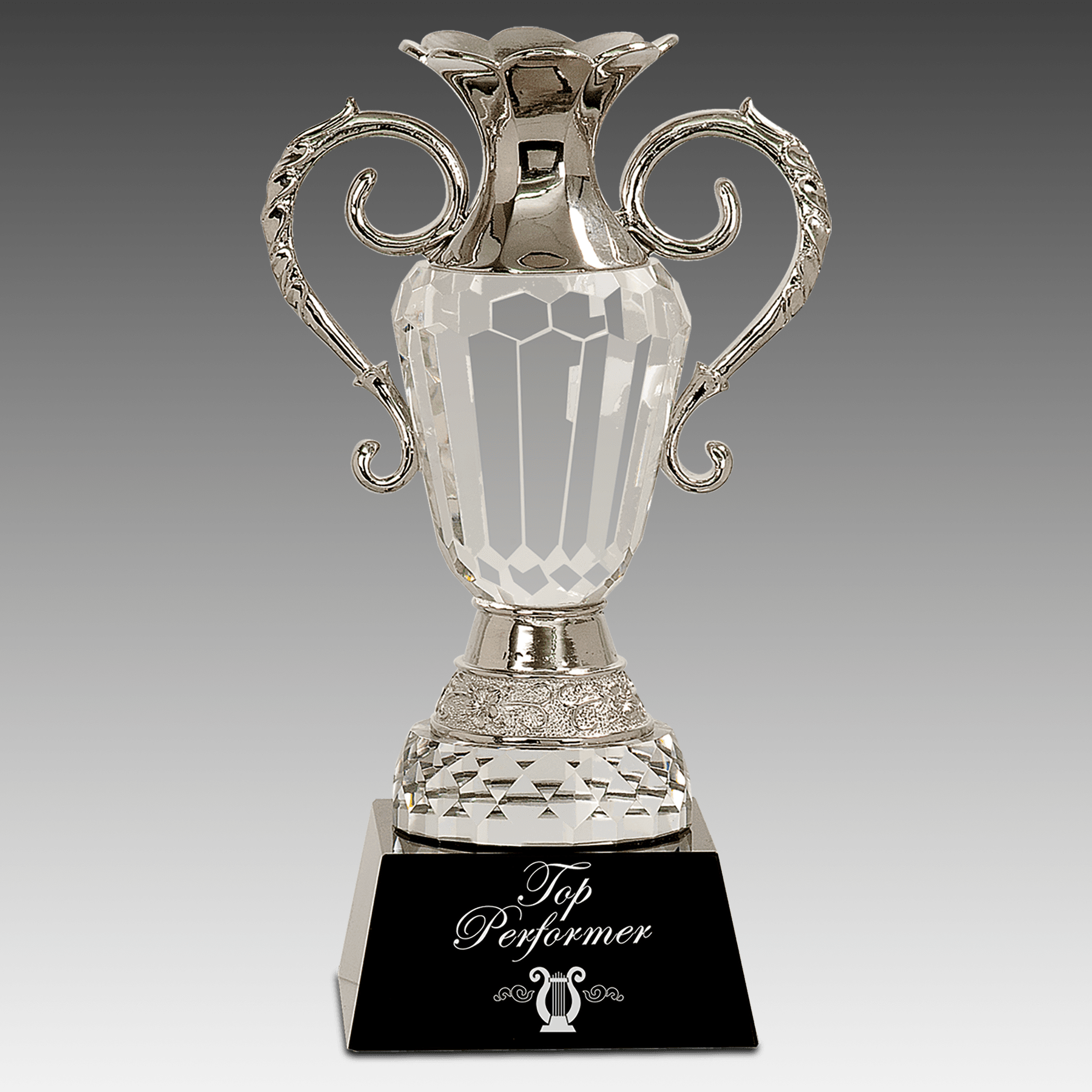 10" Crystal Cup w/Silver Metal Handles on Black Base