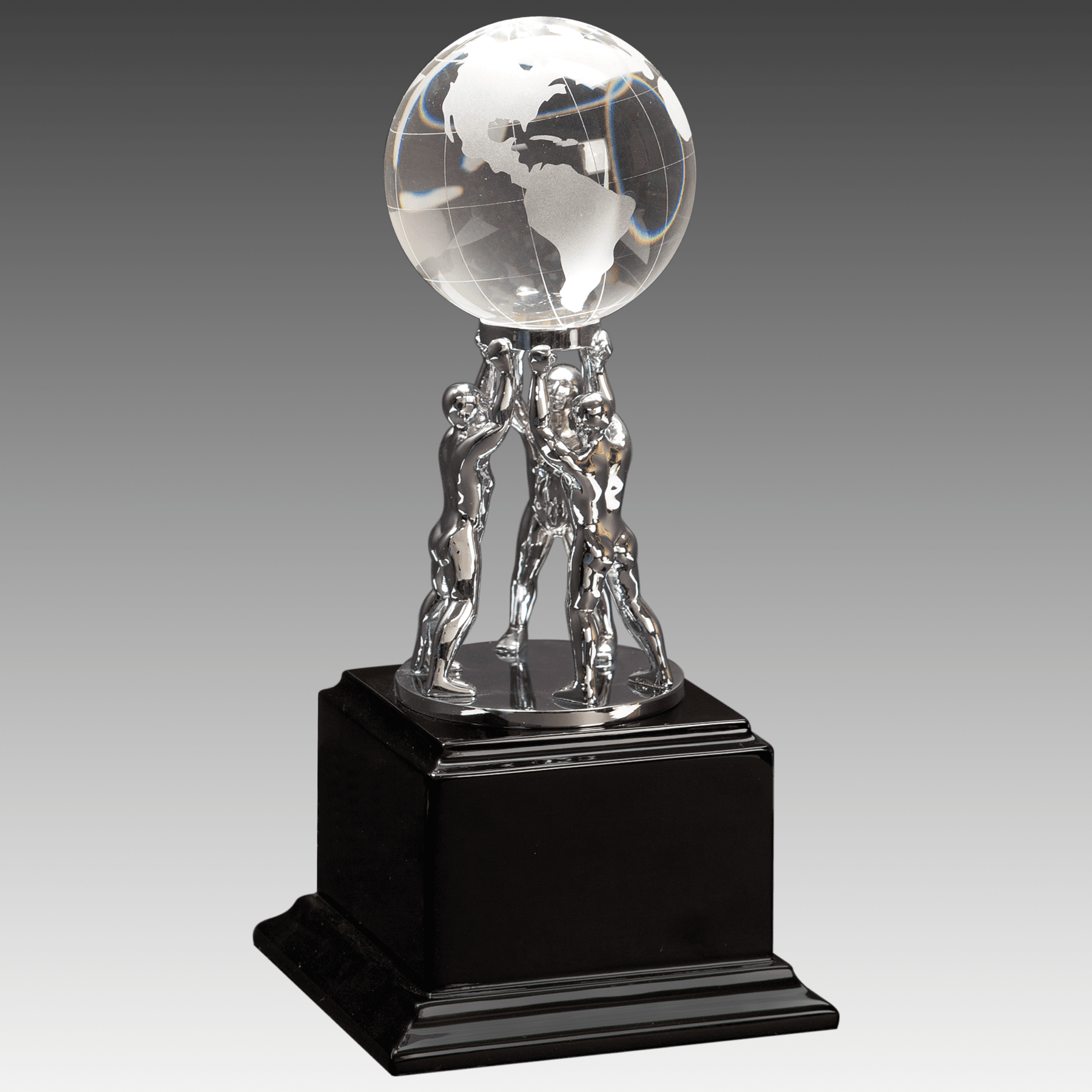 10" Crystal Globe w/ Silver Men & Black Piano Finish Base