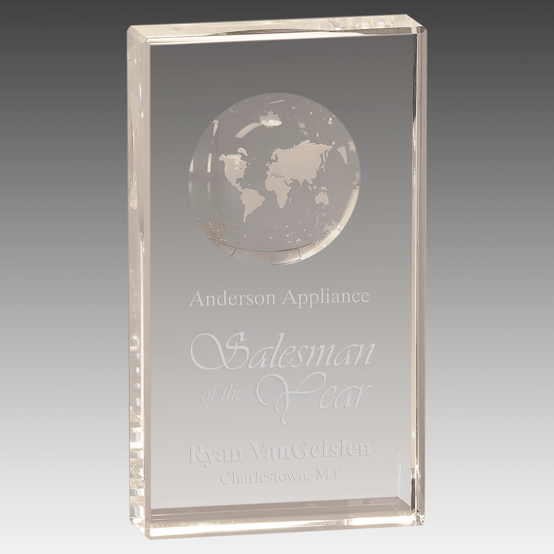7" Clear Crystal Rectangle with Globe Etching