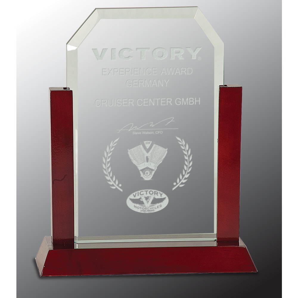 9" Jade Clip Corner Glass Award w/Rosewood Finish Base