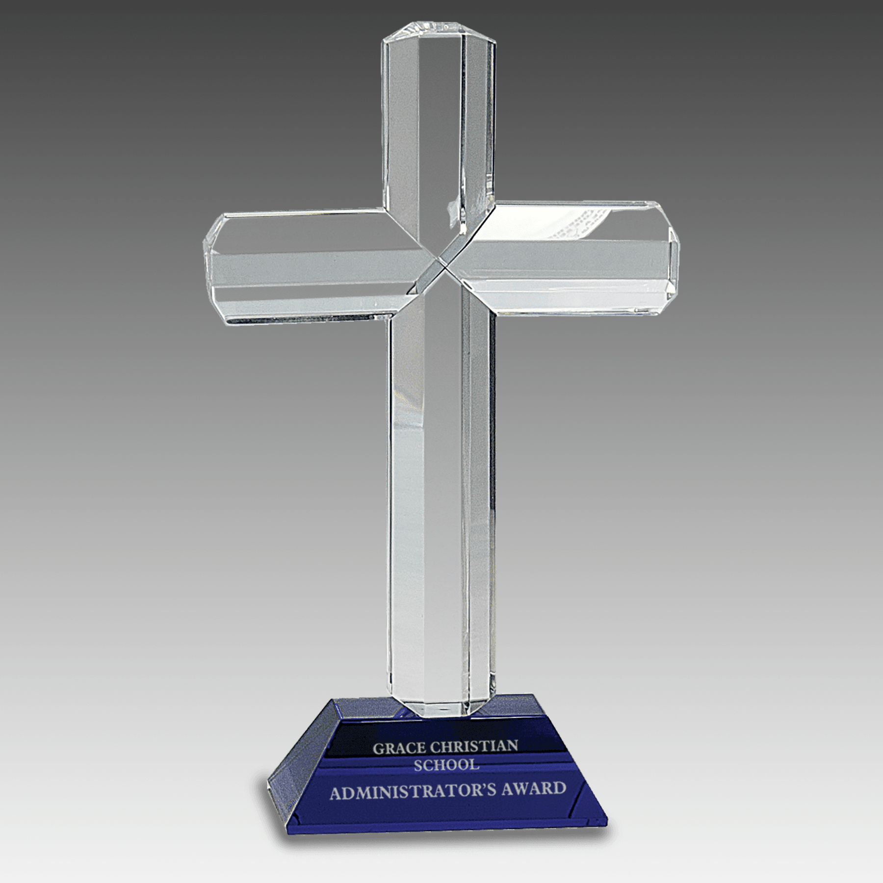 8.5" Crystal Cross on Blue Pedestal Base